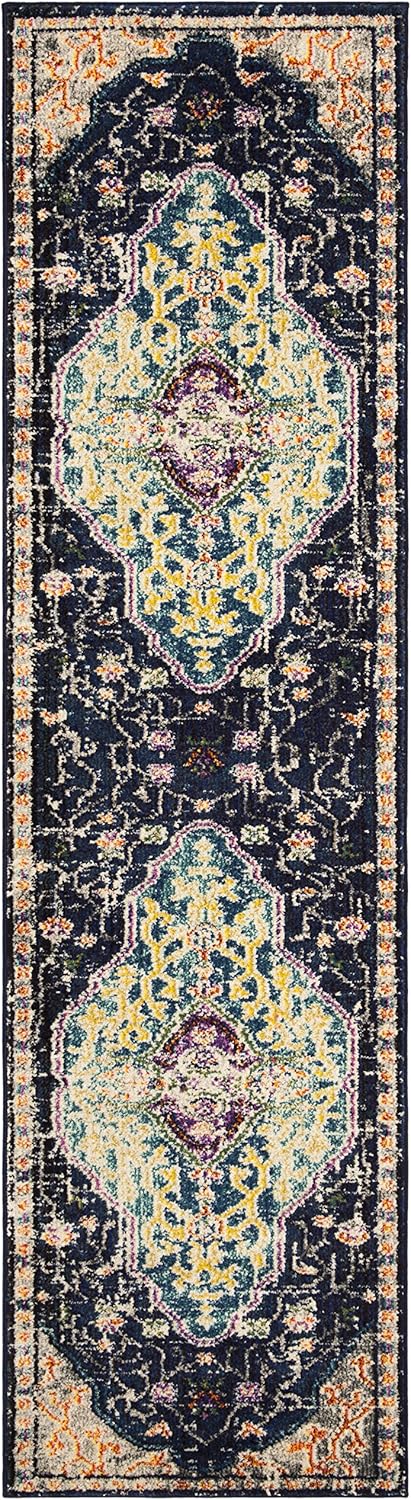 SAFAVIEH Monaco Collection Runner Rug - 2'2" x 8', Black & Blue, Boho Chic Medallion Distressed Design, Non-Shedding & Easy Care, Ideal for High Traffic Areas in Living Room, Bedroom (MNC249Z)