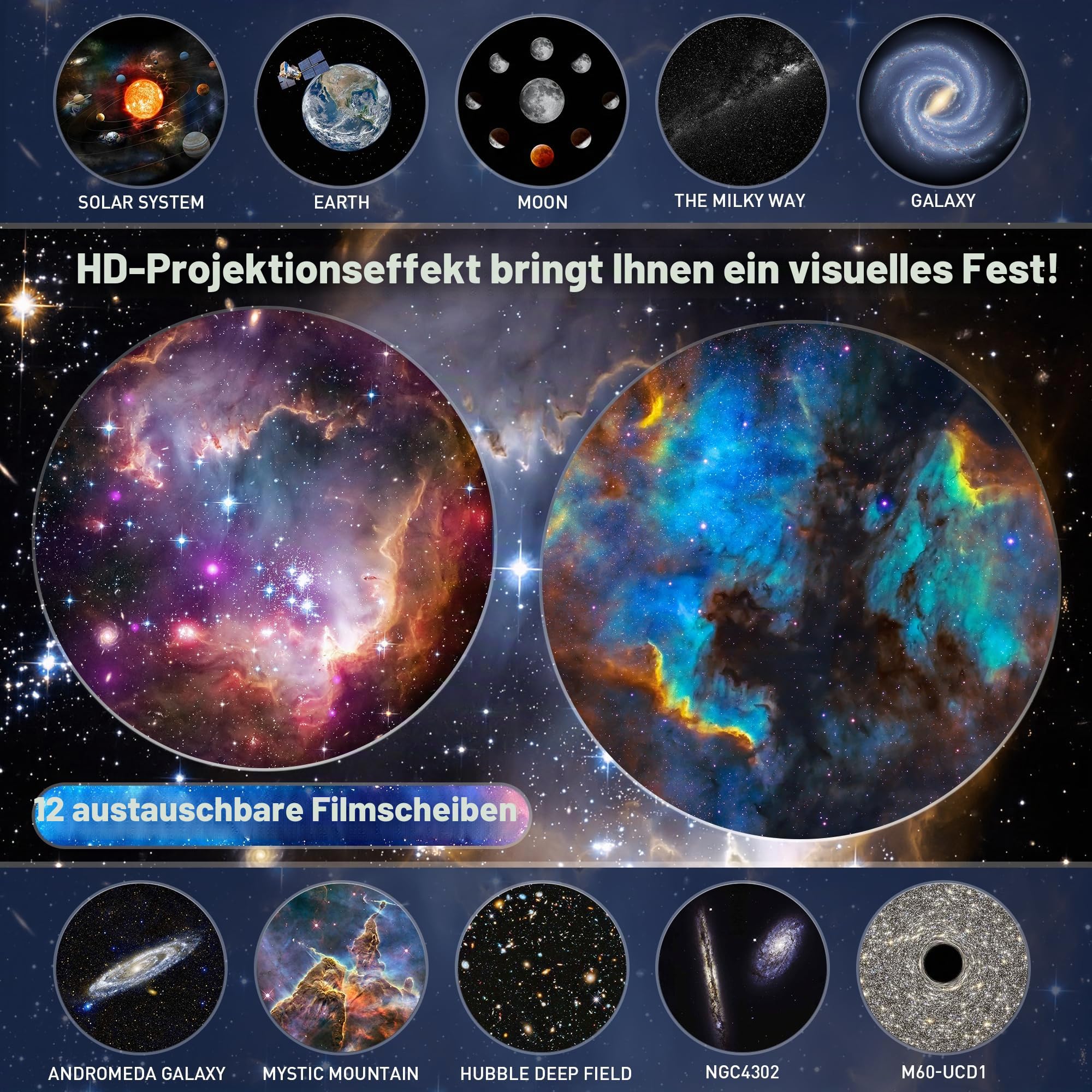 Mexllex Planetarium Sternenhimmel Projektor,12 Planeten Discs, Galaxy Projektor Lampe Sternenhimmel für Schlafzimmer, LED Sternenhimmel Projektor für Kinder(schwarz)
