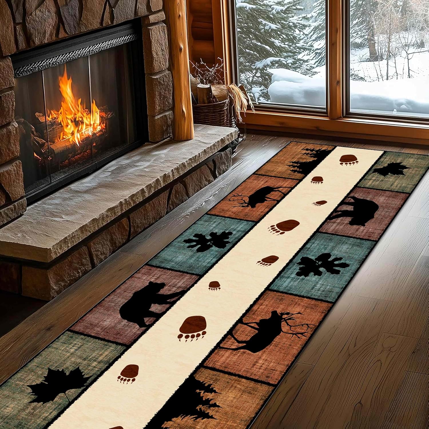 Black Bear Runner Rug,2x6ft, Lodge Cabin Wildlife Bear Moose Forest Woodland Hallway Rugs, Buffalo Plaid Long Runner Non-Slip Washable Farmhouse Floor Mats for Bedroom Living Room