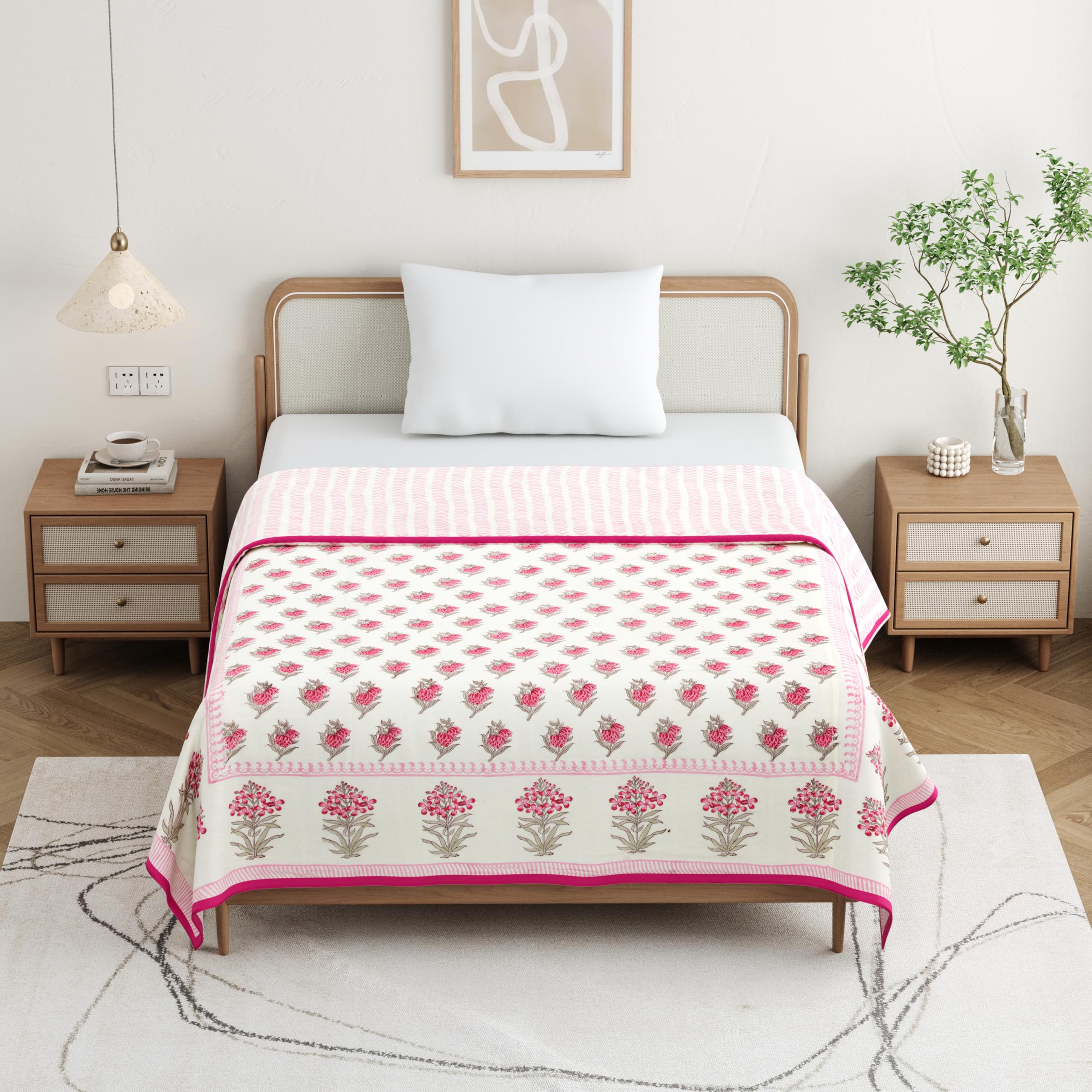 Hand Block Printed Cotton Dohar Blanket - Pink Rose -2 Hand Block Printed Cotton Dohar Blanket - Pink Rose -2