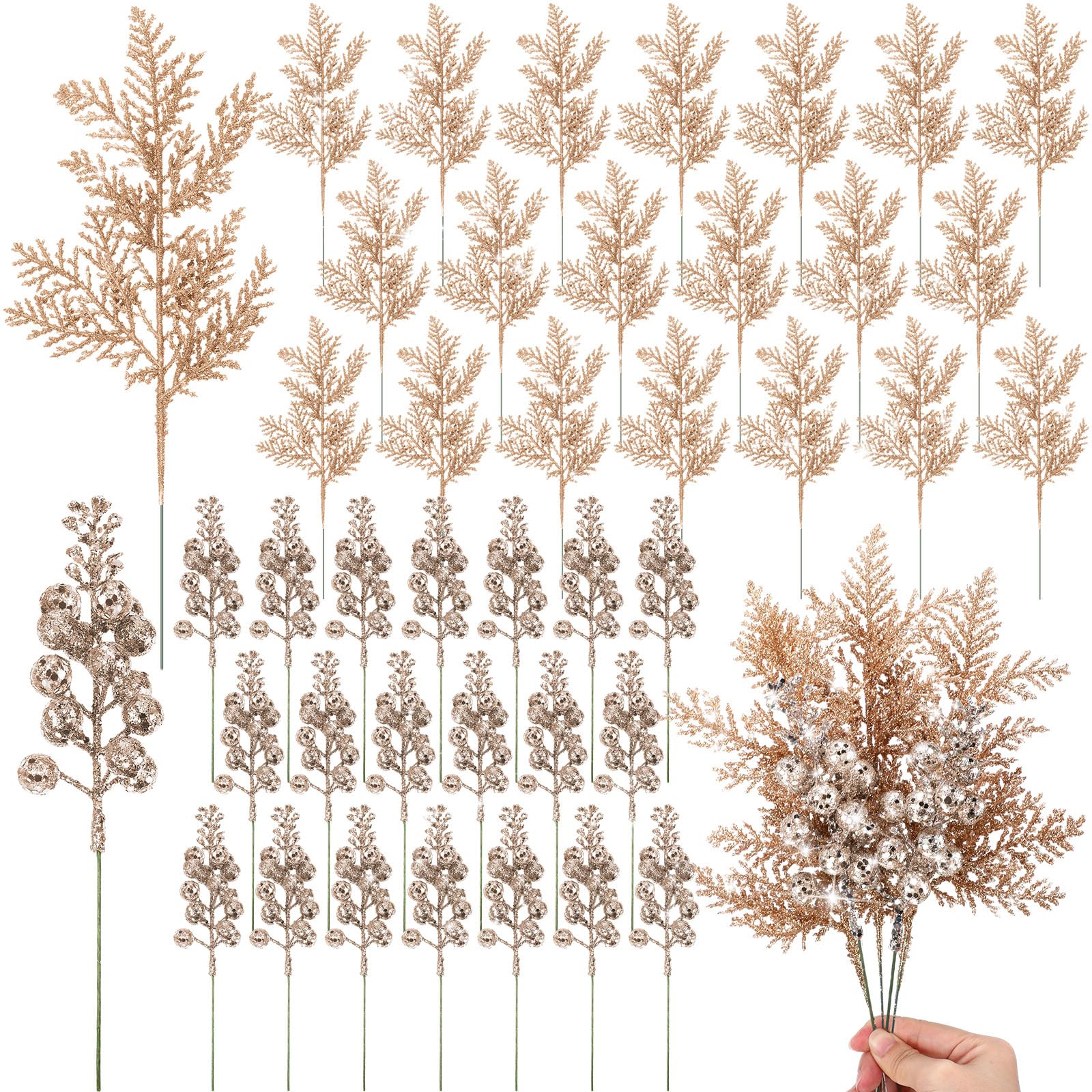 Cindeer 80 Stück Champagner Gold Weihnachten Glitzer Beeren Stiele Tannennadeln Weihnachten Künstliche Picks Fake Floral Zweige Spray für Weihnachtsbaum Ornamente DIY Kranz Girlande Dekorationen
