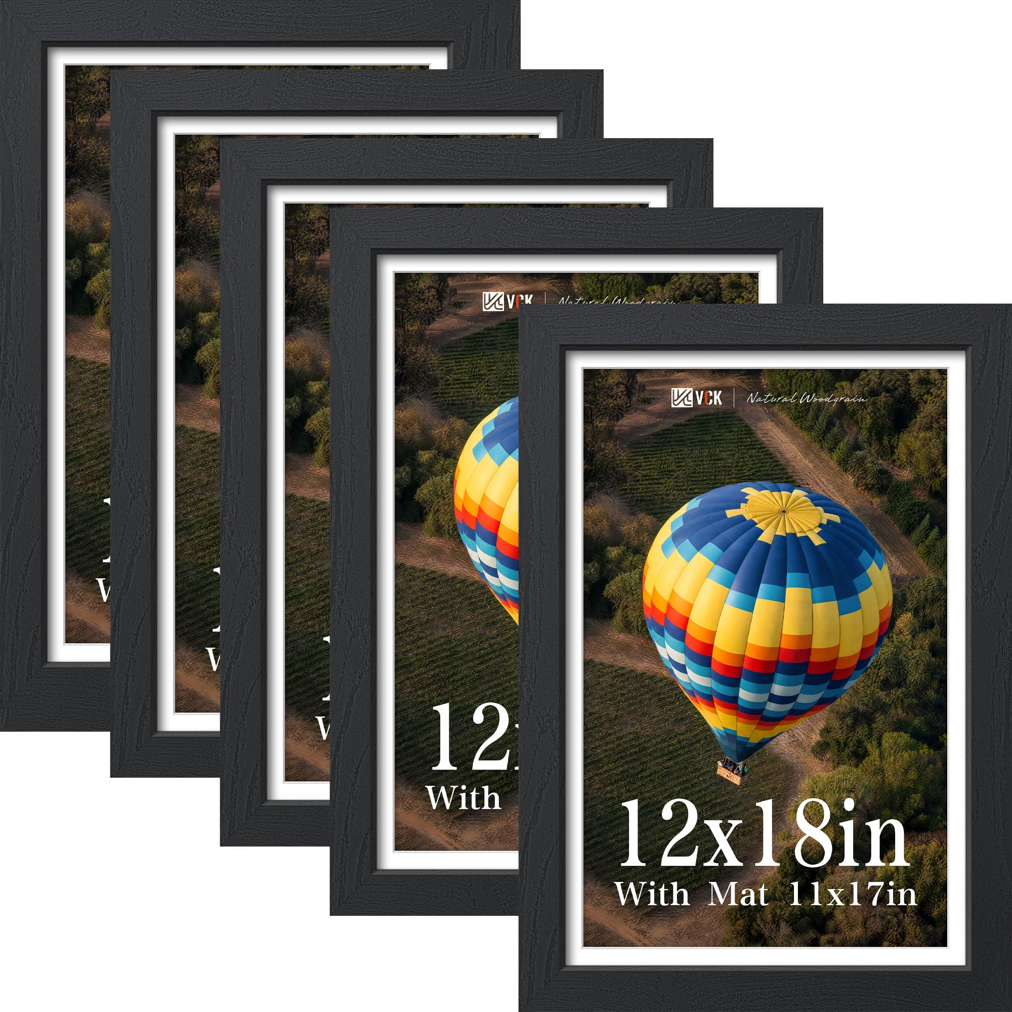 VCK 12x18 Picture Frame 5 Pack, Black Exclusive Wood, Real Glass, for Photo