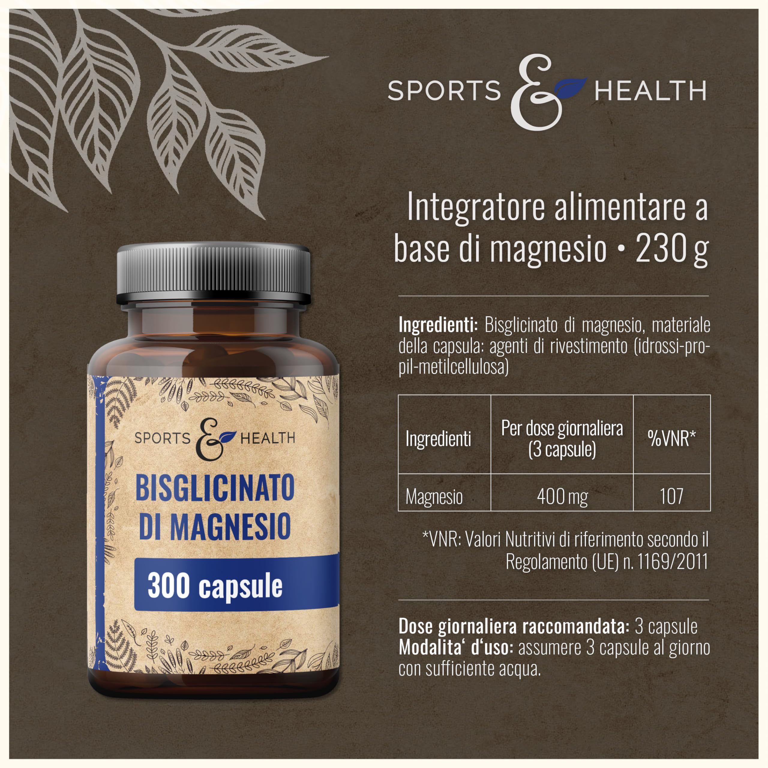Magnesio Bisglicinato Capsule – 300 Capsule ad Alto Dosaggio – Bisglicinato di Magnesio 400 mg per Dose Giornaliera – Vegano – Magnesium Glycinate