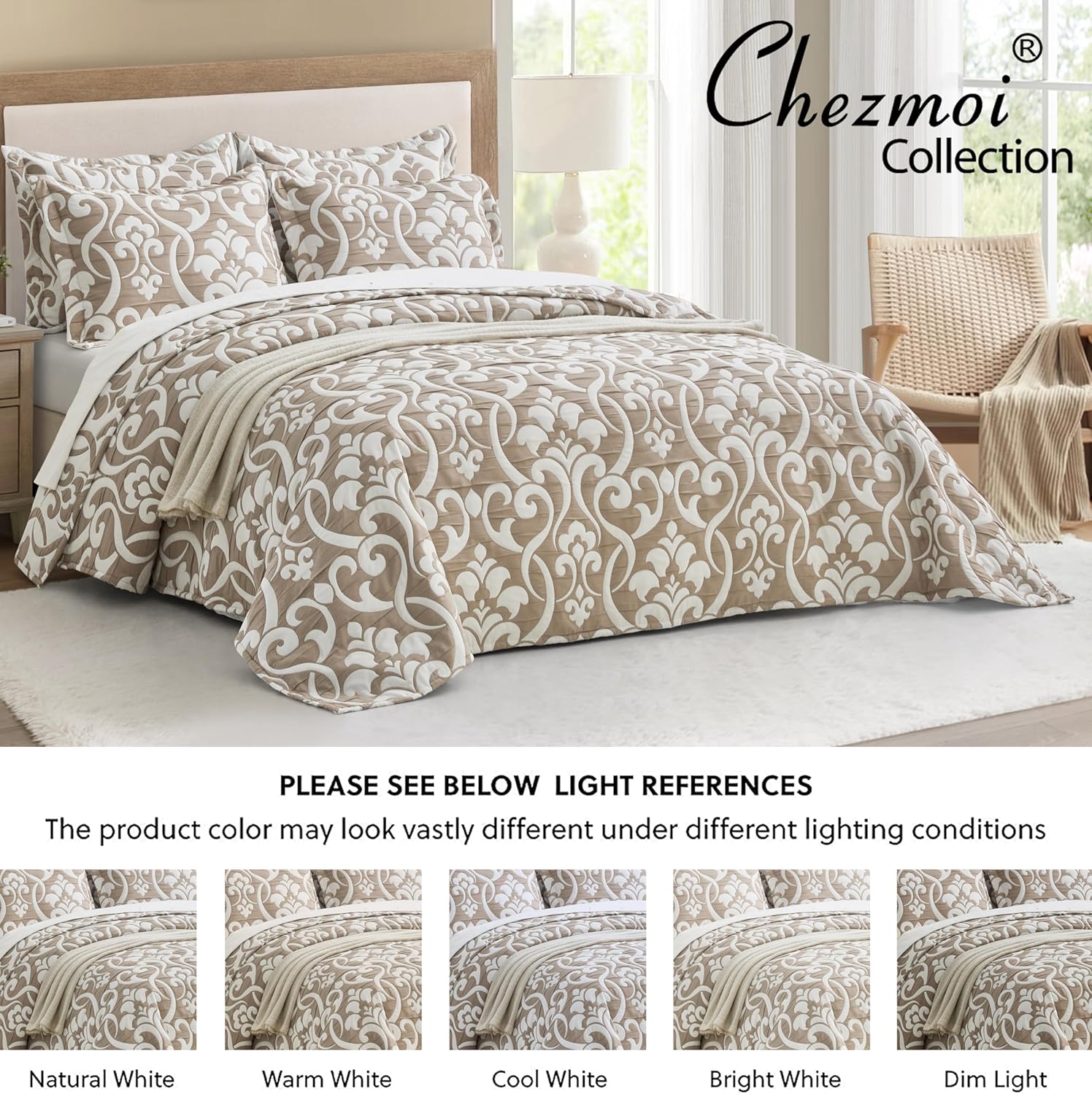 Chezmoi Collection Oversized Bedspread 100x106, Jacquard Matelasse Floral Damask Design, 5-Piece Lightweight Reversible Microfiber Bedding Coverlet Set for All Season, Queen, Taupe/White