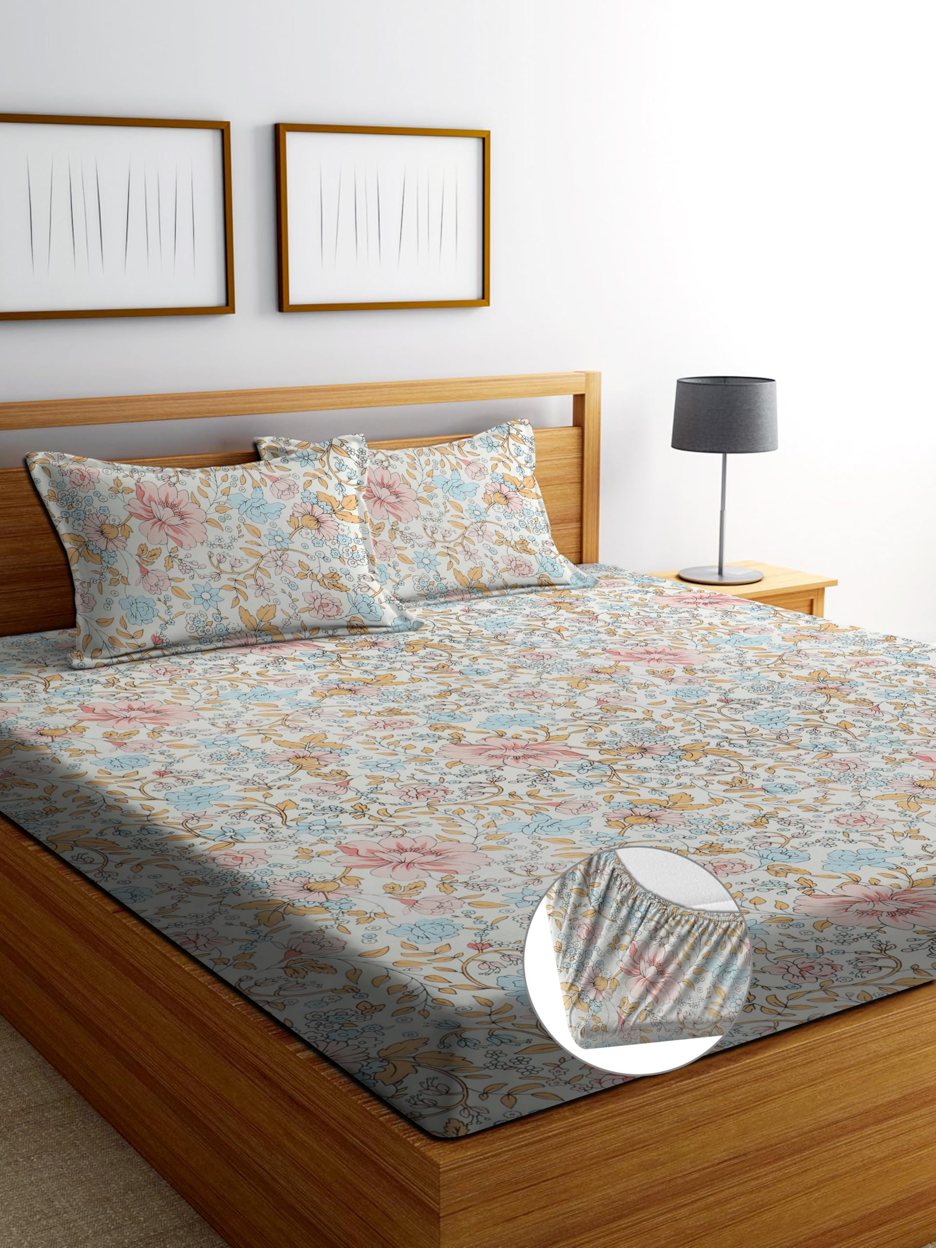 DECORUM Glace Cotton Fitted 1 Bedsheet King Size (72"x78") | All Around Elastic | Cotton Feel | 2 Pillow Covers (17"x27") | Fits Up to 8" Mattress | 200-220 TC | Printed Double Bed Sheet Set