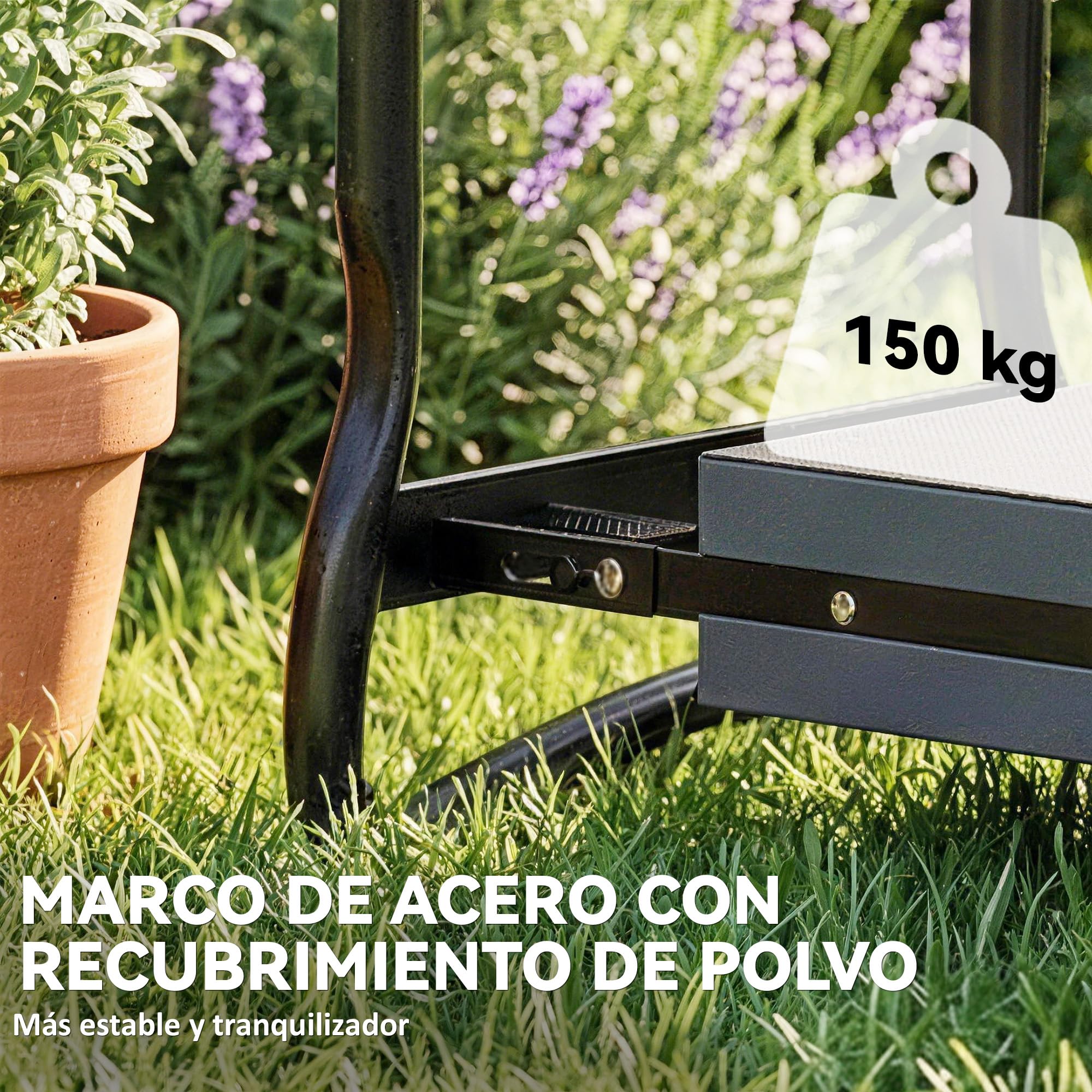Outsunny Taburete de Jardín Plegable con Almohadilla de Espuma EVA, Asiento de Jardín Portátil con Bolsa para Herramientas en Cintura, Carga 150 kg, Regalo para Jardineros, Ancianos, Negro