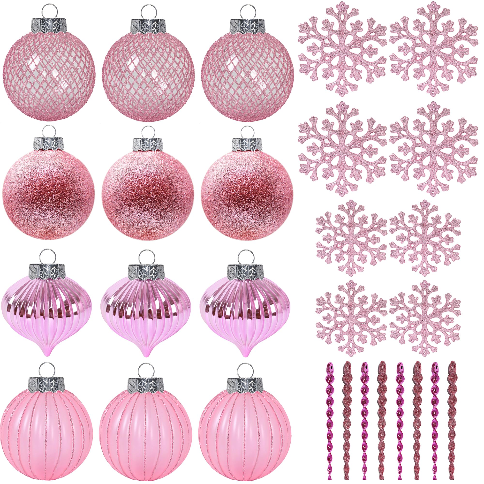 SLEETLY 28pk Pink Ornaments for Christmas Tree Holiday Xmas Decorations, Shatterproof Plastic 3.15 Balls, Icicles and Snowflakes
