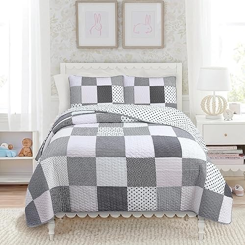 Cozy Line Home Fashions - Juego de ropa de cama reversible de lunares y rayas en negro, blanco y rosa, con estrellas, de 100% algodón, colcha para