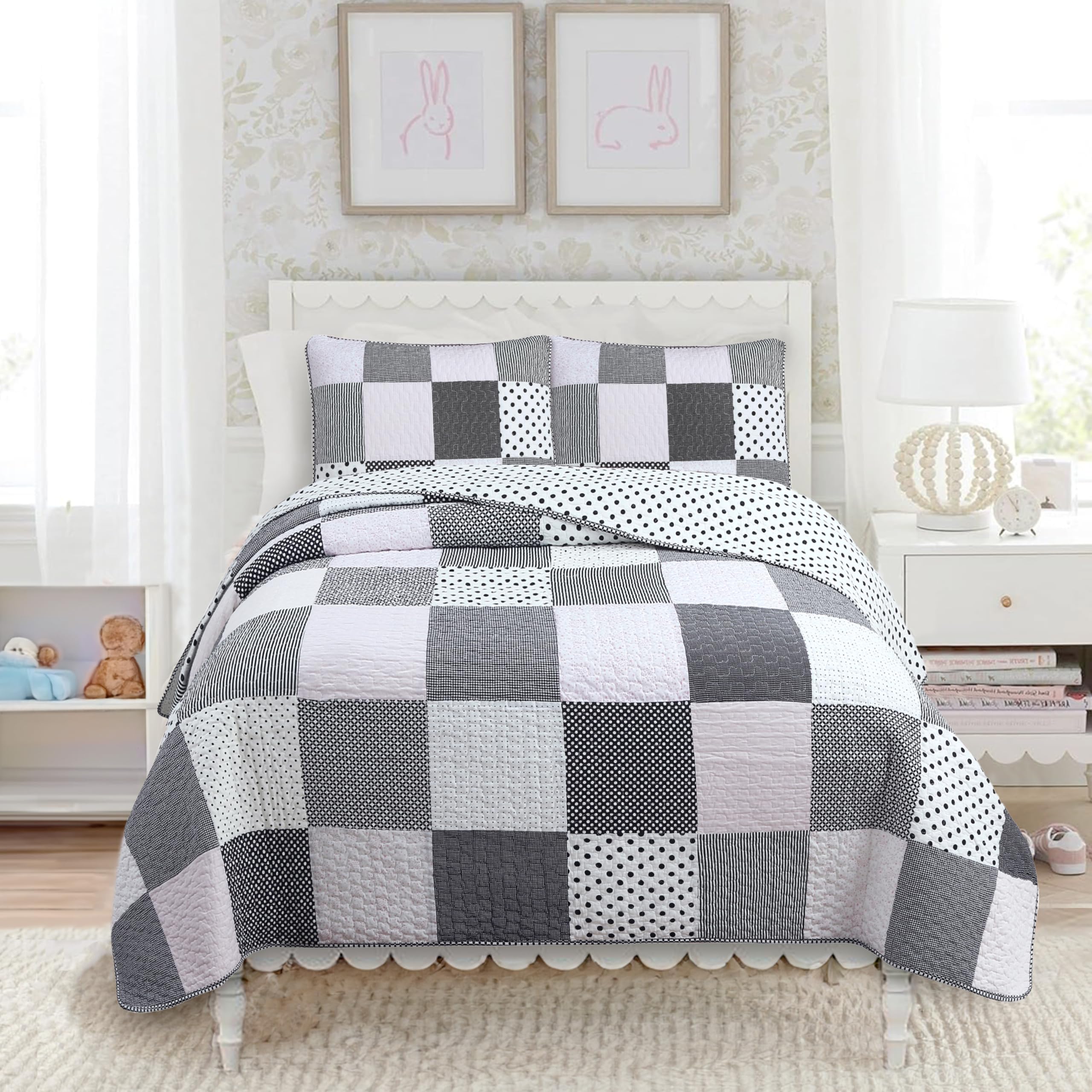 Cozy Line Home Fashions Black White Pink Polka Dots Striped Star Girl 100% Cotton Reversible Quilt Bedding Set, All-Season Coverlet Bedspread (Black Pink, Twin - 2 Piece)