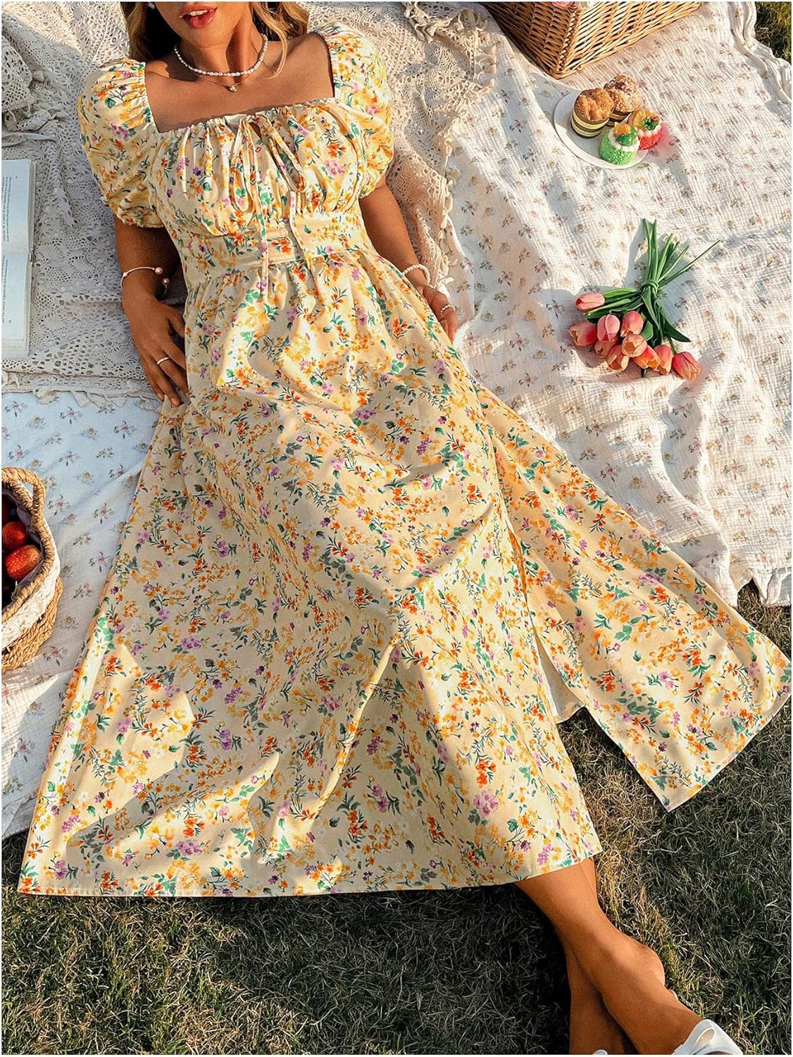 Floerns Women's Plus Size Floral Print Tie Front Square Neck Slit Hem Midi Dress - Image 5