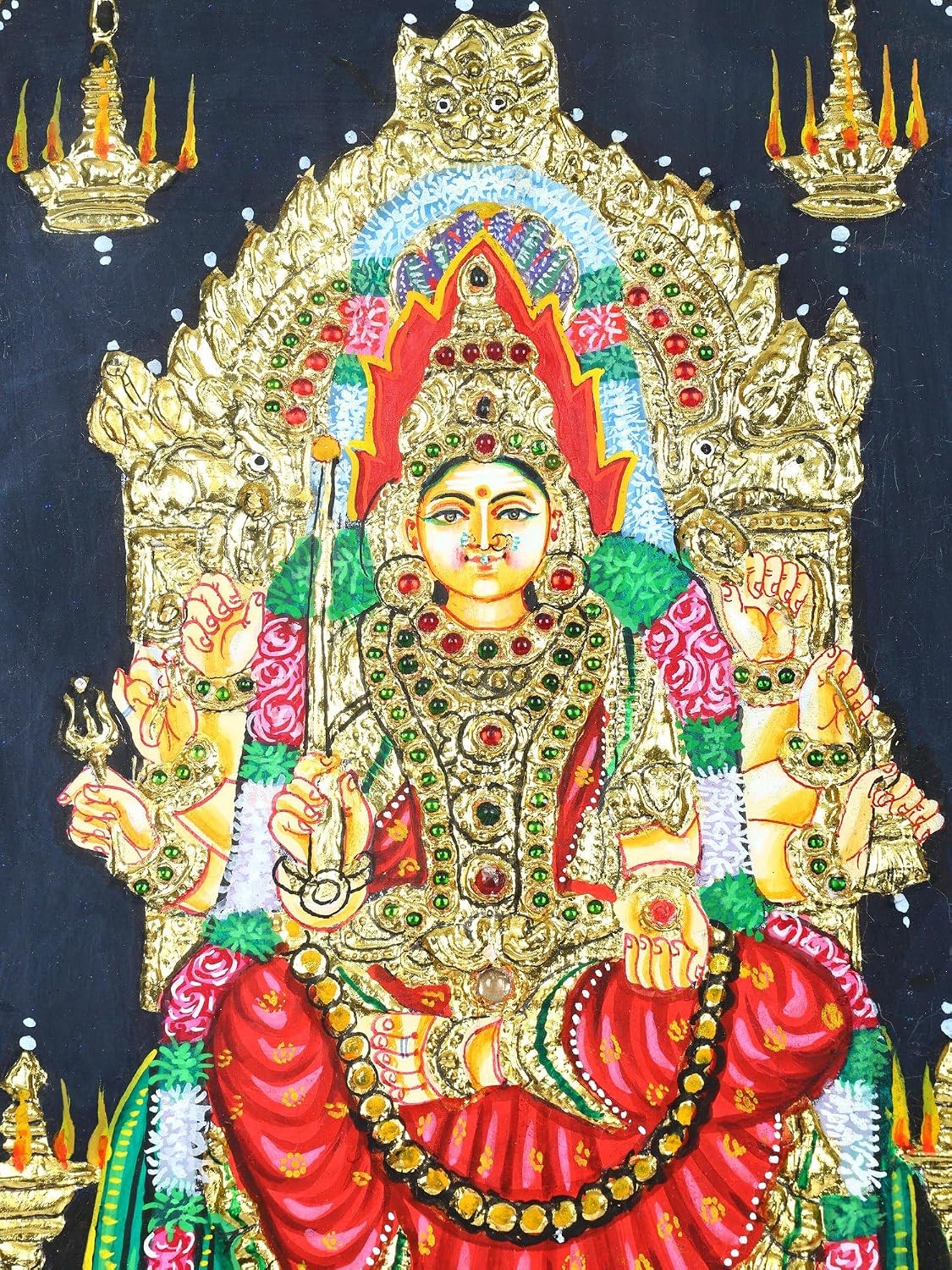 Exotic India Goddess Mariamman Seated on Kritimukha Throne Framed Tanjore Painting with 24K Gold Work South Indian Wall Decor