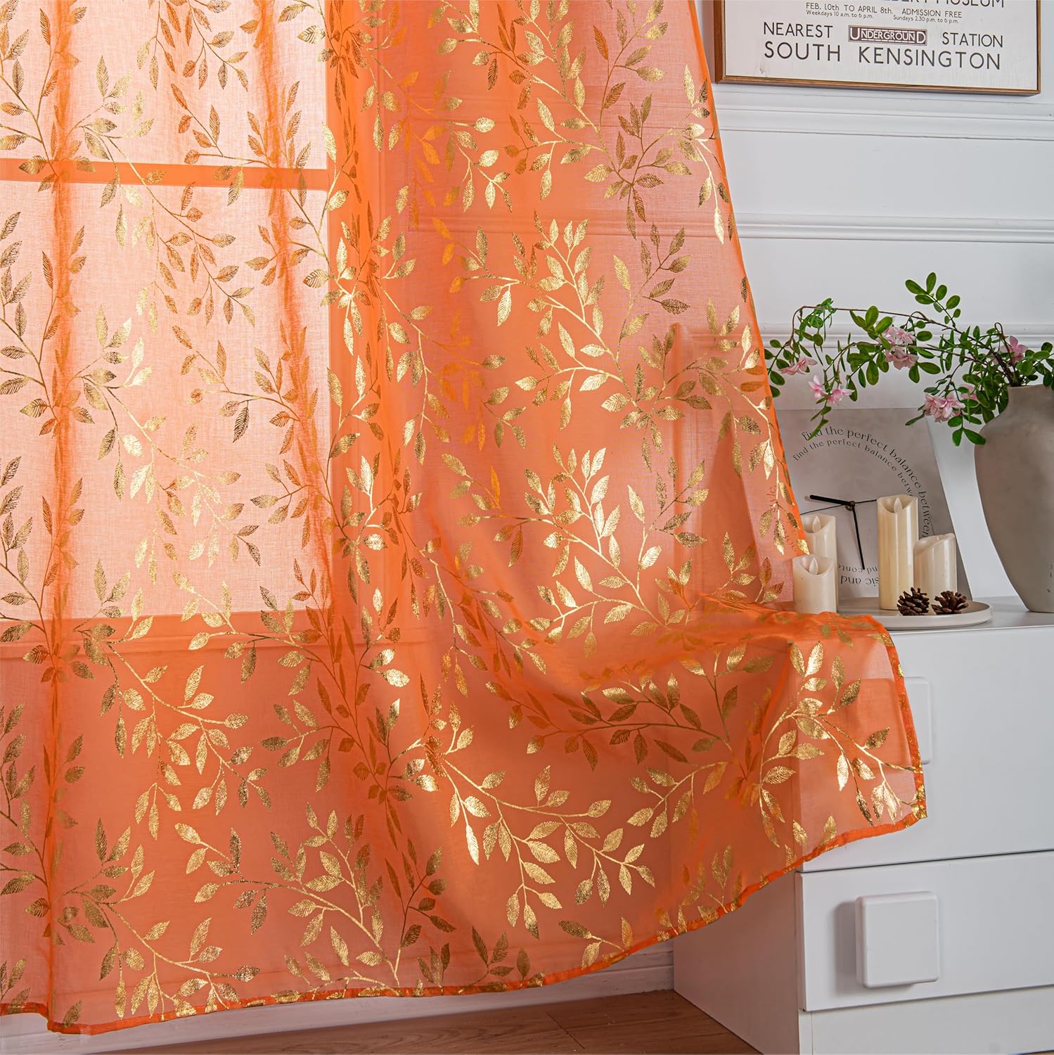 Sutuo Home Orange Sheer Curtains for Bedroom Living Room 96 Inches Long 2 Panels Set, Gold Foil Print Metallic Leaves, Privacy Window Treatment Modern Drape Pair Fall Halloween Decor 52" W x 96" L