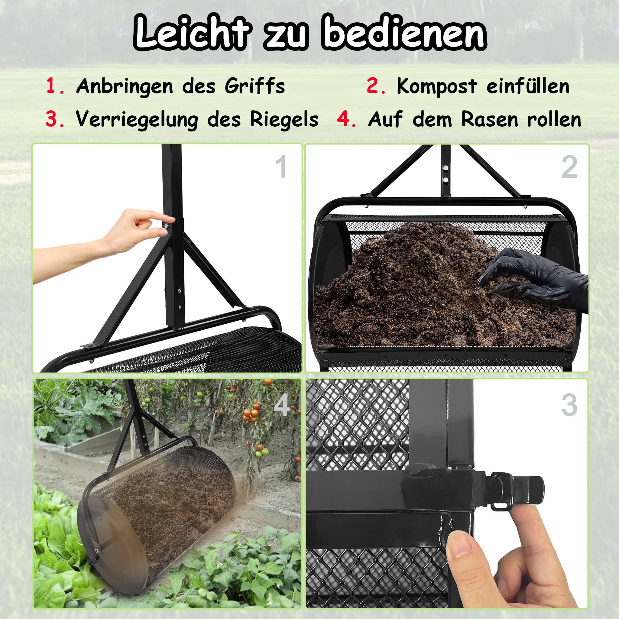 NAIZY Esparcidor de compost 40x65x110cm de acero 81L rellenable esparcidor de fertilizante de césped esparcidor de compost con mango de esponja esparcidor de semillas multiusos