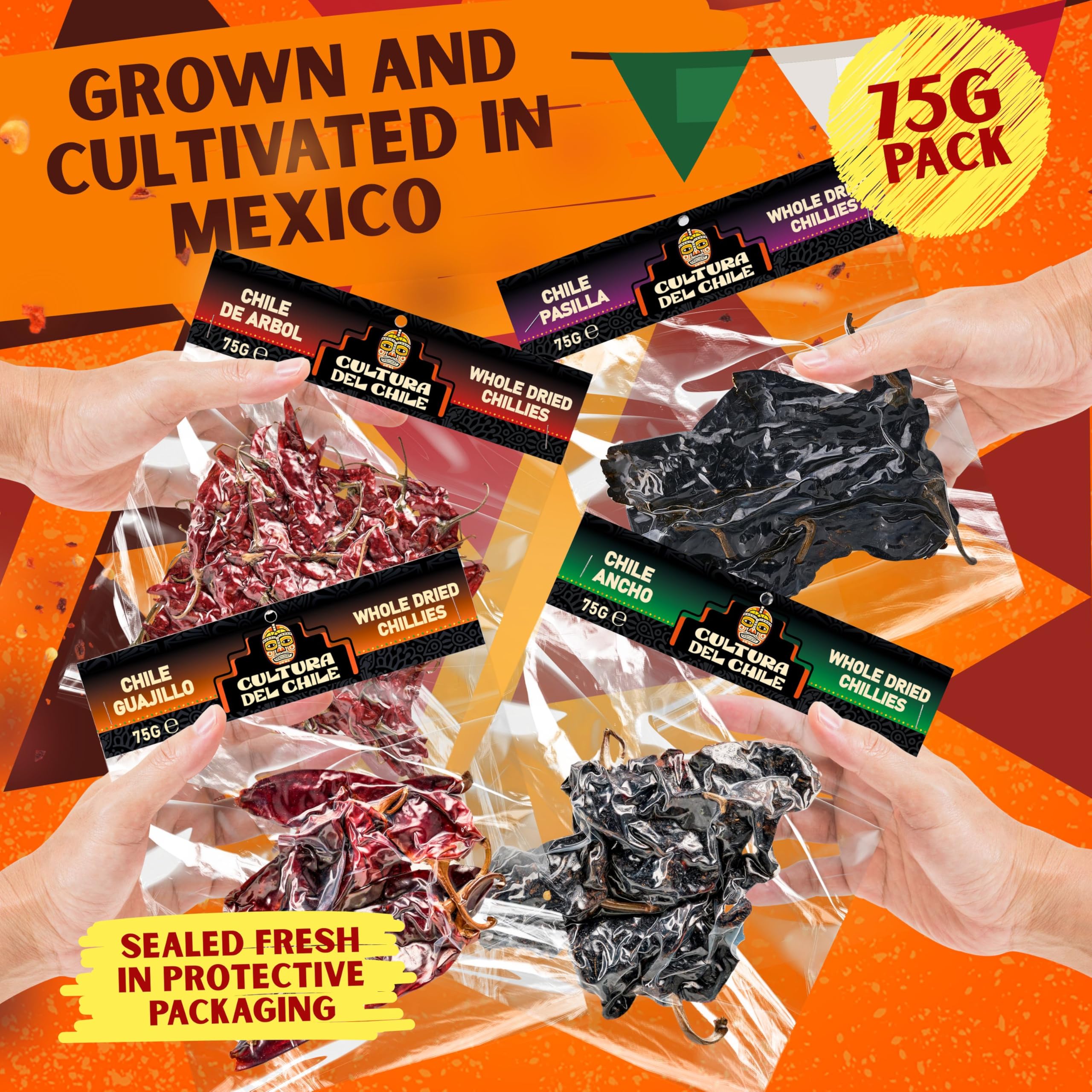 Paquete de chiles enteros secos mexicanos. Ancho, Guajillo, Árbol y Pasilla (300g total). Todos naturales, chiles básicos para un sabor mexicano auténtico. Ideal para tacos de birria, mole, tamales y
