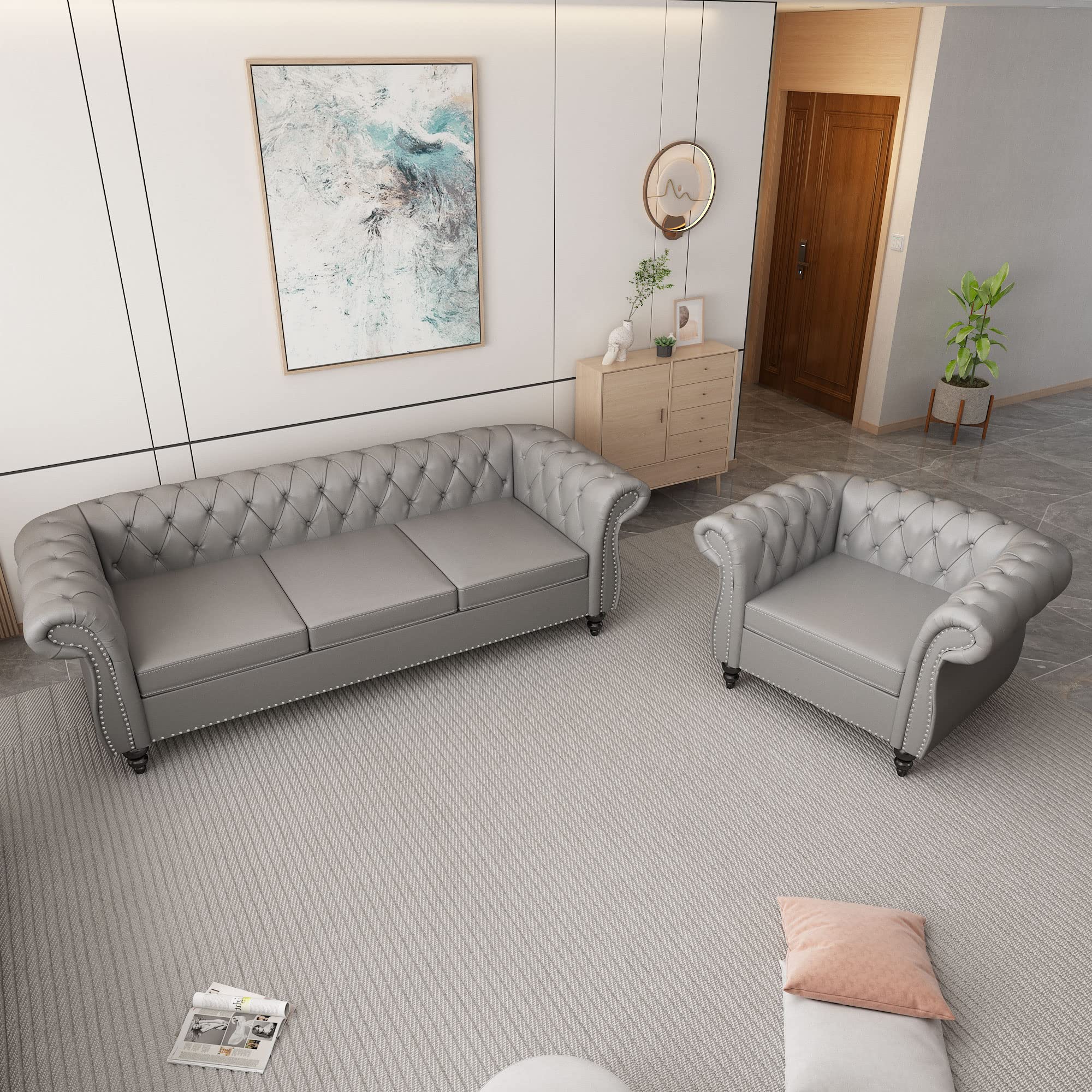 ORRD 2 Piece Living Room Set, Chesterfield Leather Sofa Loveseat Couch Chair with Scroll Arms and Nailhead for Living Room, Office (Grey)