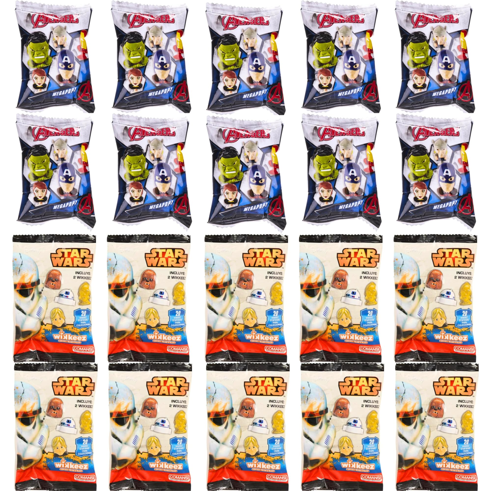 Hasbro Boys Blind Bag/Capsule Sets Perfect for Party Favours - 10x Avenger Megapopz & 10x Star Wars Wikkeez