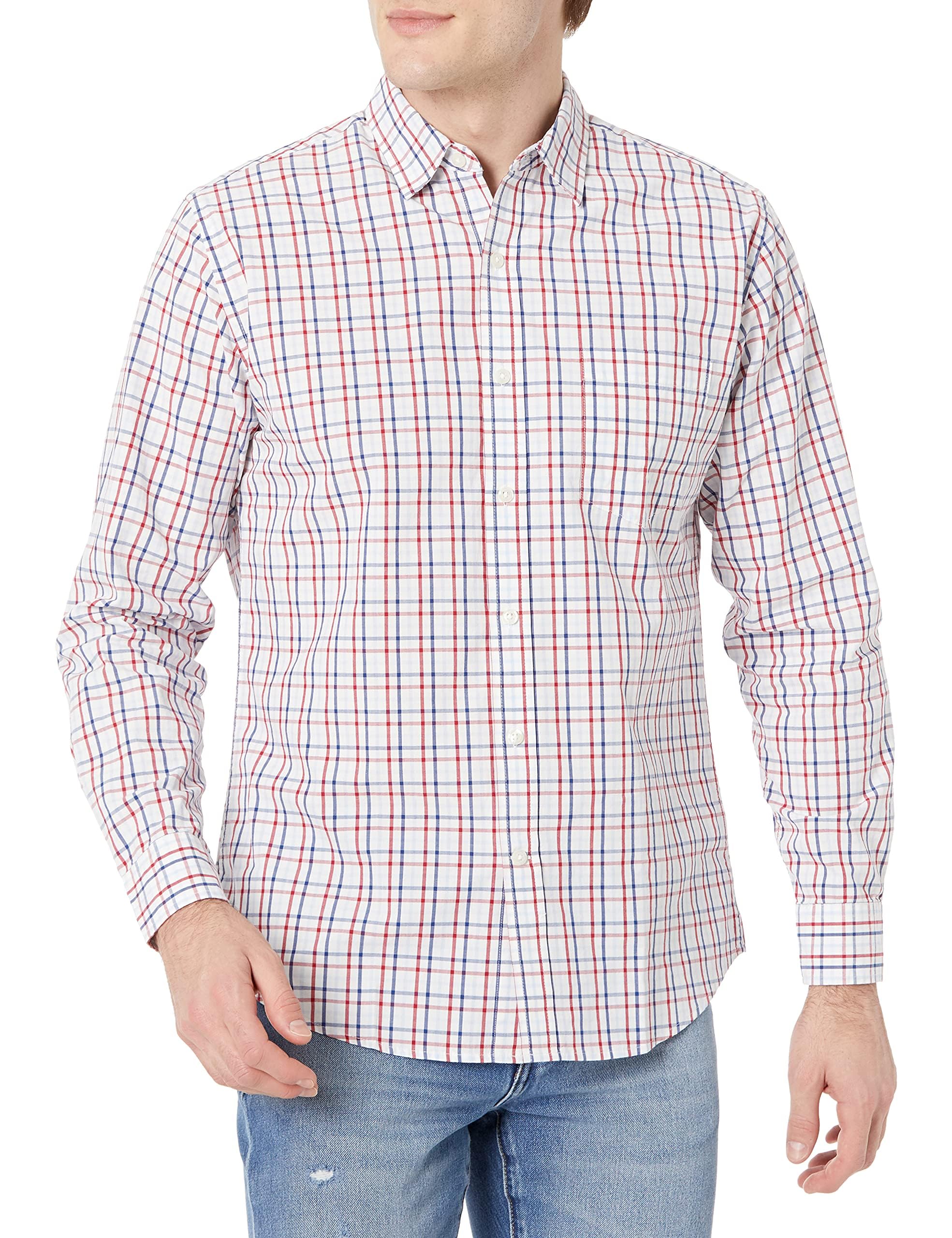 Amazon Essentials Men's Regular-Fit Long-Sleeve Casual Poplin Shirt, Blue Red White Check Plaid, XXL