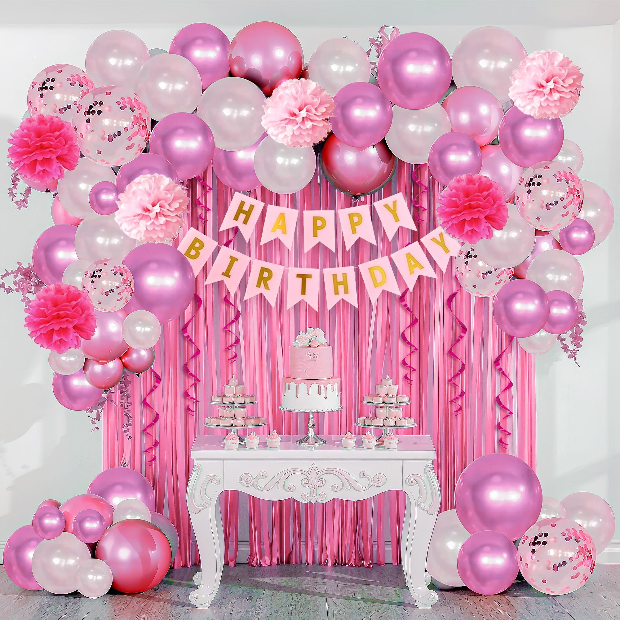 - Party Propz Pink Happy Birthday Decoration Kit -34Pcs, Happy Birthday Banner, Confetti, Metallic Balloons, Swirls, Pom Pom/,Birthday Decoration kit for Girls, Birthday Decoration Items