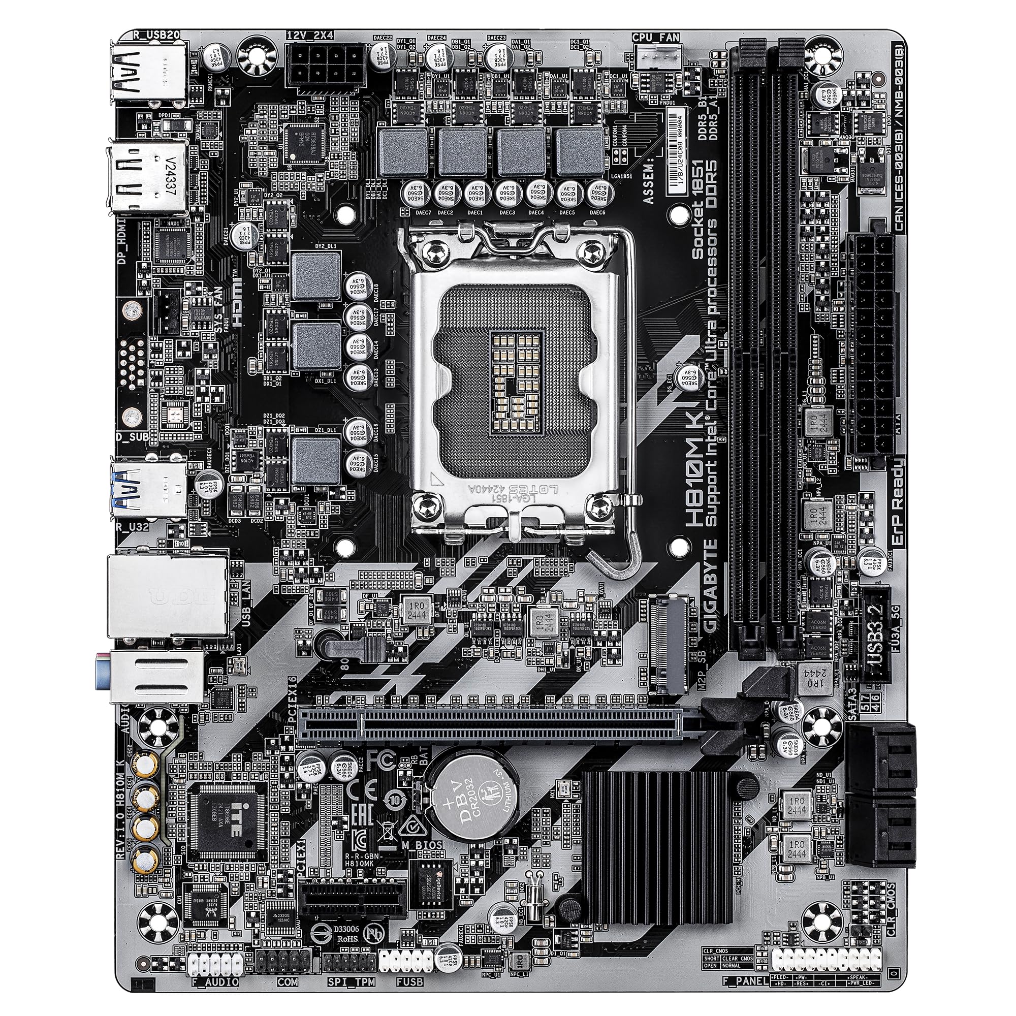 GIGABYTE H810M K Scheda Madre – CPU Intel Core Ultra (Serie 2), VRM a 3+1+2 fasi, fino a 6400 MHz DDR5, 1 x M.2 PCIe 4.0, LAN 1 GbE, USB 3.2 Gen 1