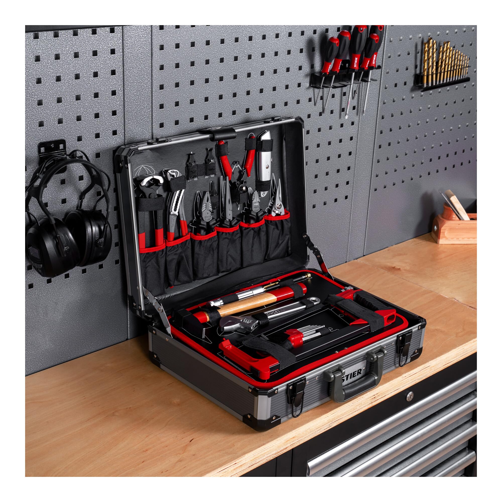 STIER Mallette à outils complète, boîte à outils en aluminium de 144 pièces, outils universels pour les réparations quotidiennes, y compris tournevis, ciseaux, pinces et scies