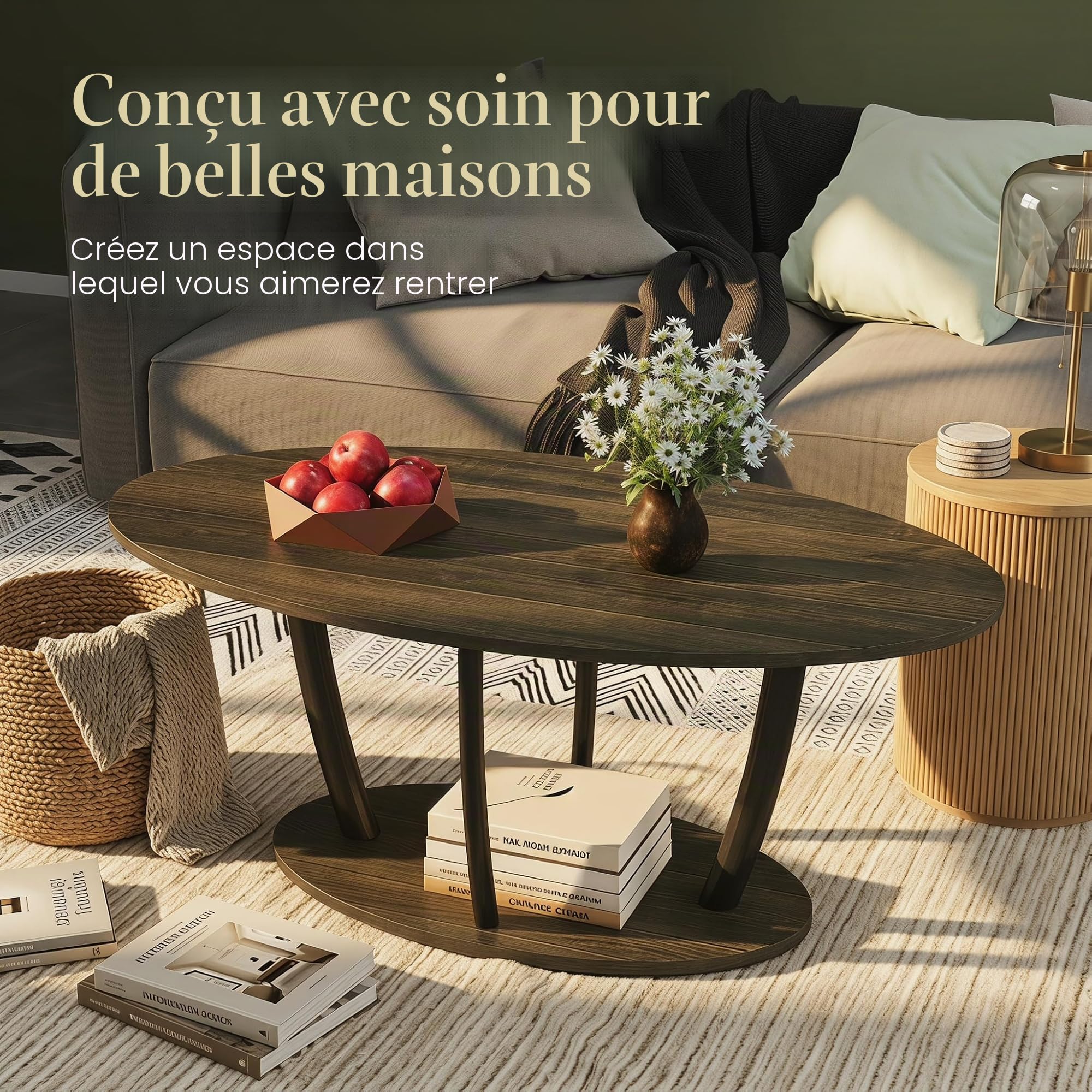 Manora Table basse ovale moderne du milieu du siècle, petites tables basses à 2 niveaux pour salon, table centrale avec étagère de rangement, gris