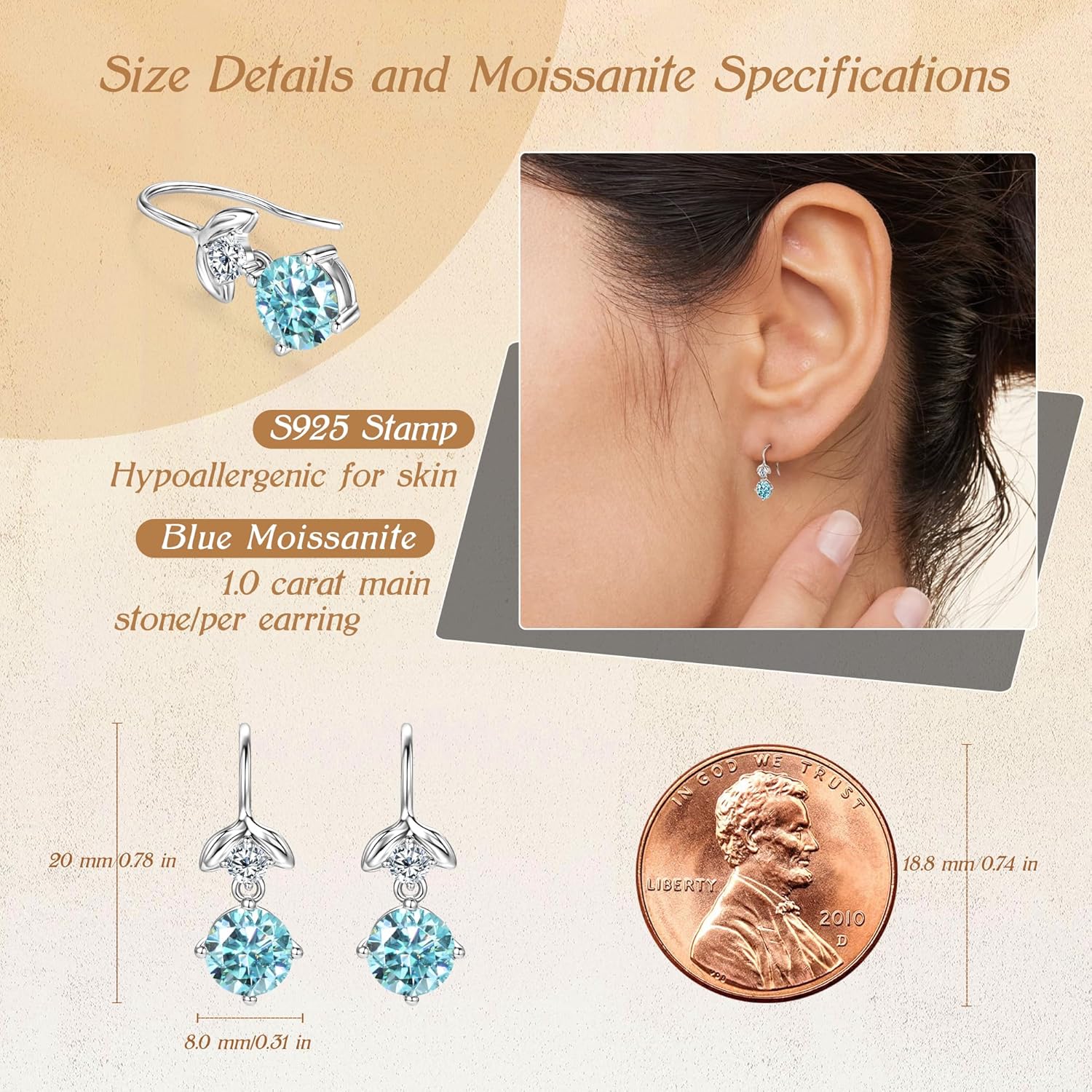 Moissanite Hook Earrings, 2.2cttw D Color VVS1 Blue & White Moissanites, 925 Sterling Silver Drop Earrings for Women Anniversary Birthday Jewelry Gifts - Image 5