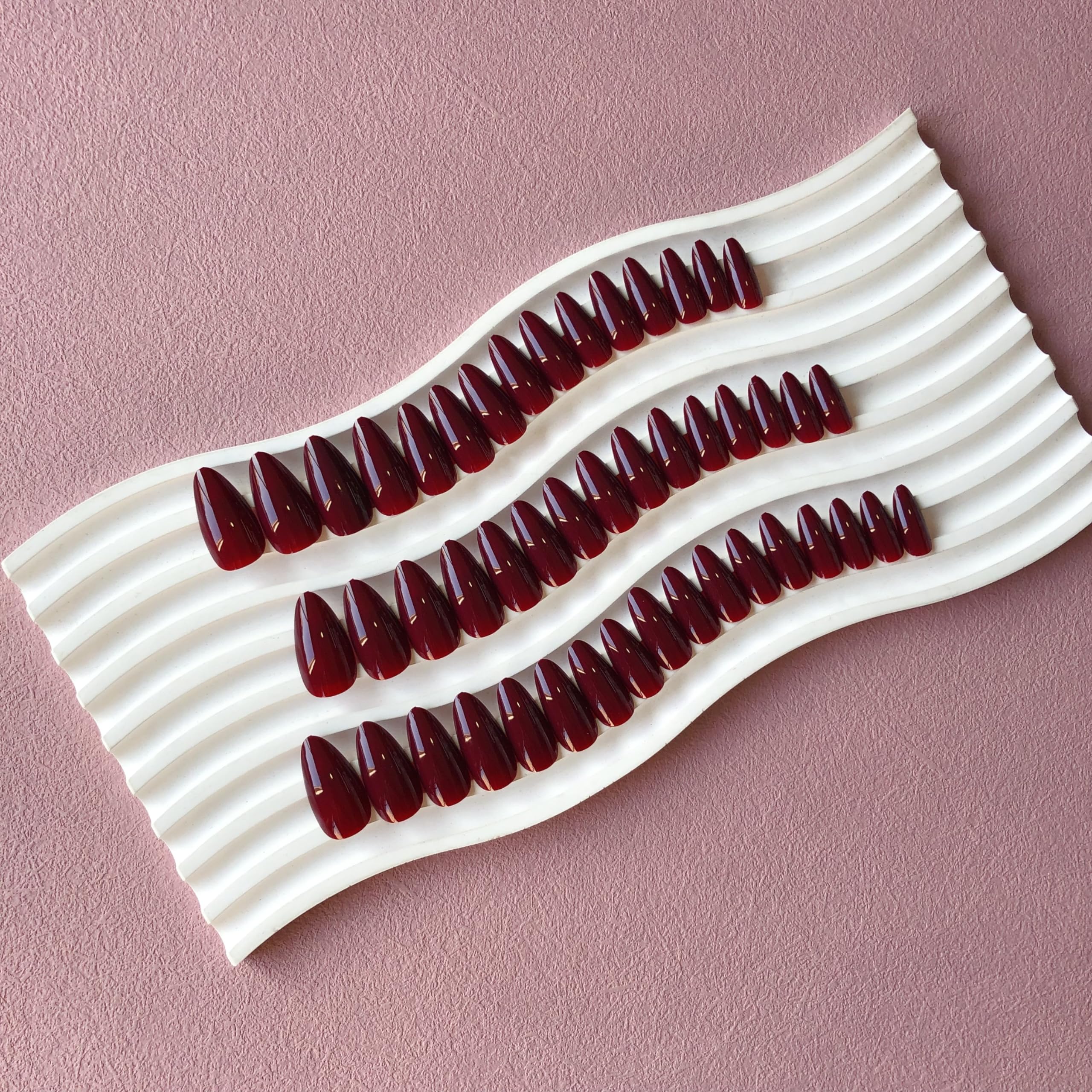 SXVME 48 Pcs Burgundy Red Press on Nails Almond Medium Acrylic False Nails Medium Stiletto Natural Fake Nail Set Elegant Solid Color Full Cover Glossy Gel Stick on Nails for Women Fall Winter Wear - Image 4