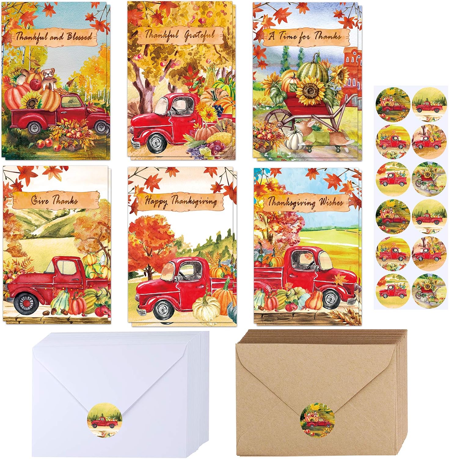 120 Sets Bulk Thanksgiving Cards with Envelopes Stickers Assortment 6 Designs Watercolor Vintage Truck Pumpkins Greeting Cards Blank Holiday Harvest Cards Give Thanks Cards 4x6 for Fall Autumn Party