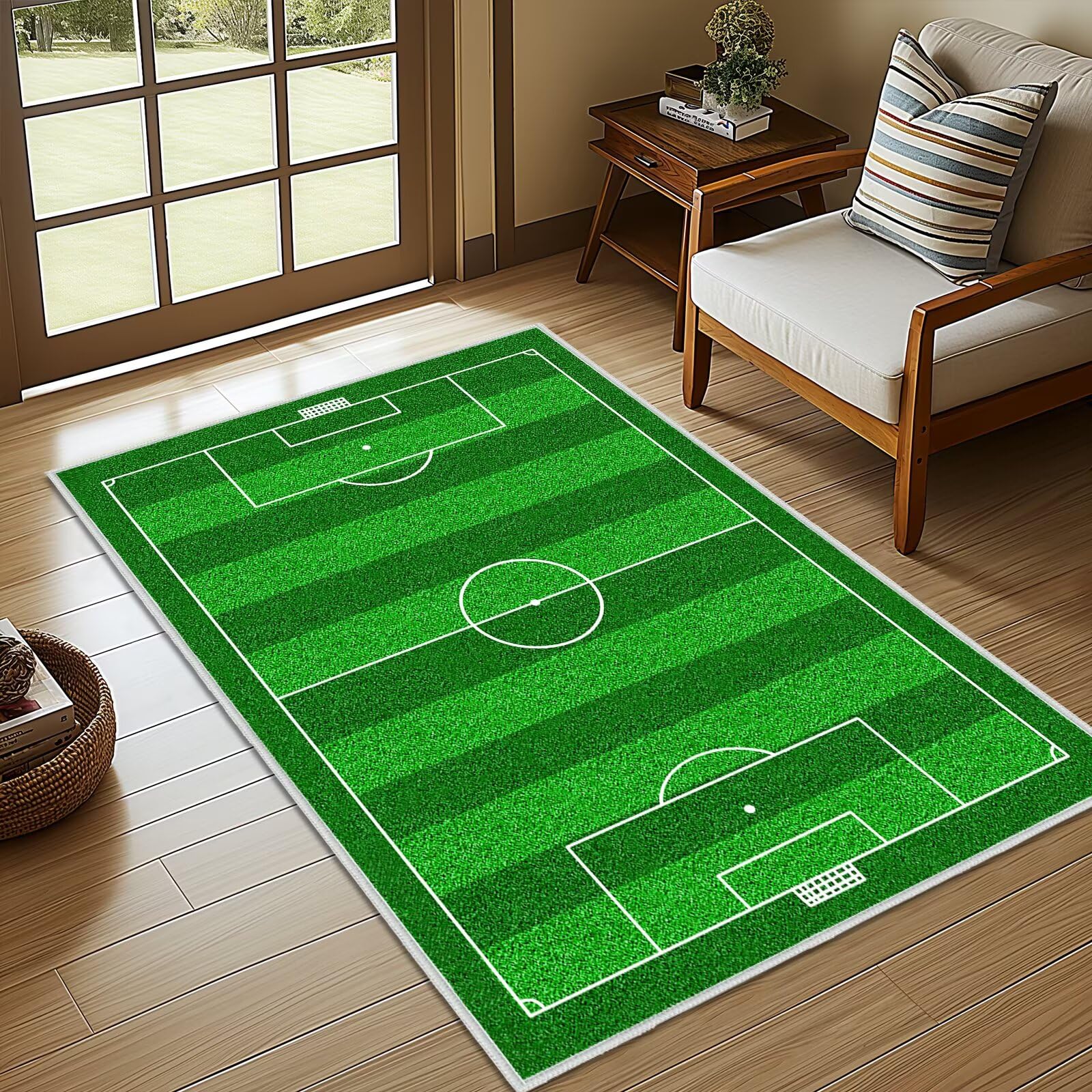 Green Area Rug 3x5,Soccer Field Rug for Boys Bedroom,Sport Theme Floor Mat Non-Slip Indoor Entrance Door Mat Washable Floor Carpets Soccer Entryway Rugs Sports Area Carpet for Living Room,Laundry