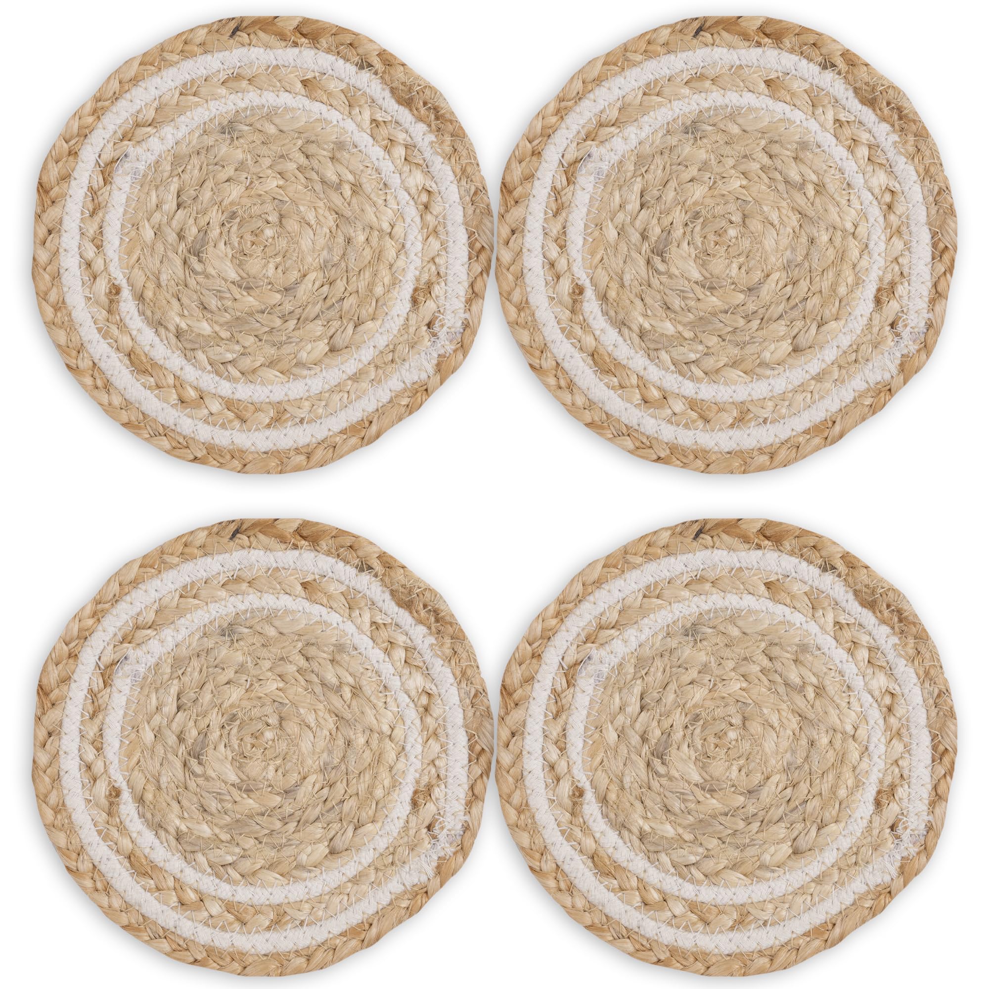 - Encasa XO Round Trivet Mats for Hot Dishes | Off White & Jute Natural Bleach Set of 4 with 18 cm Diameter | Jute Round Thick Heat Resistant Pot Holders | Use Hot Pads Plate Mats for Hot Pots & Pans