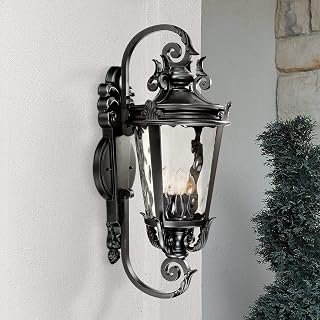 Casa Marseille 31" High Black Traditional Large Outdoor Wall Light Fixture | European Textured Scroll Arm Clear Hammered Glass for Exterior House Porch Patio Outside Deck Garage Yard Front Door Home