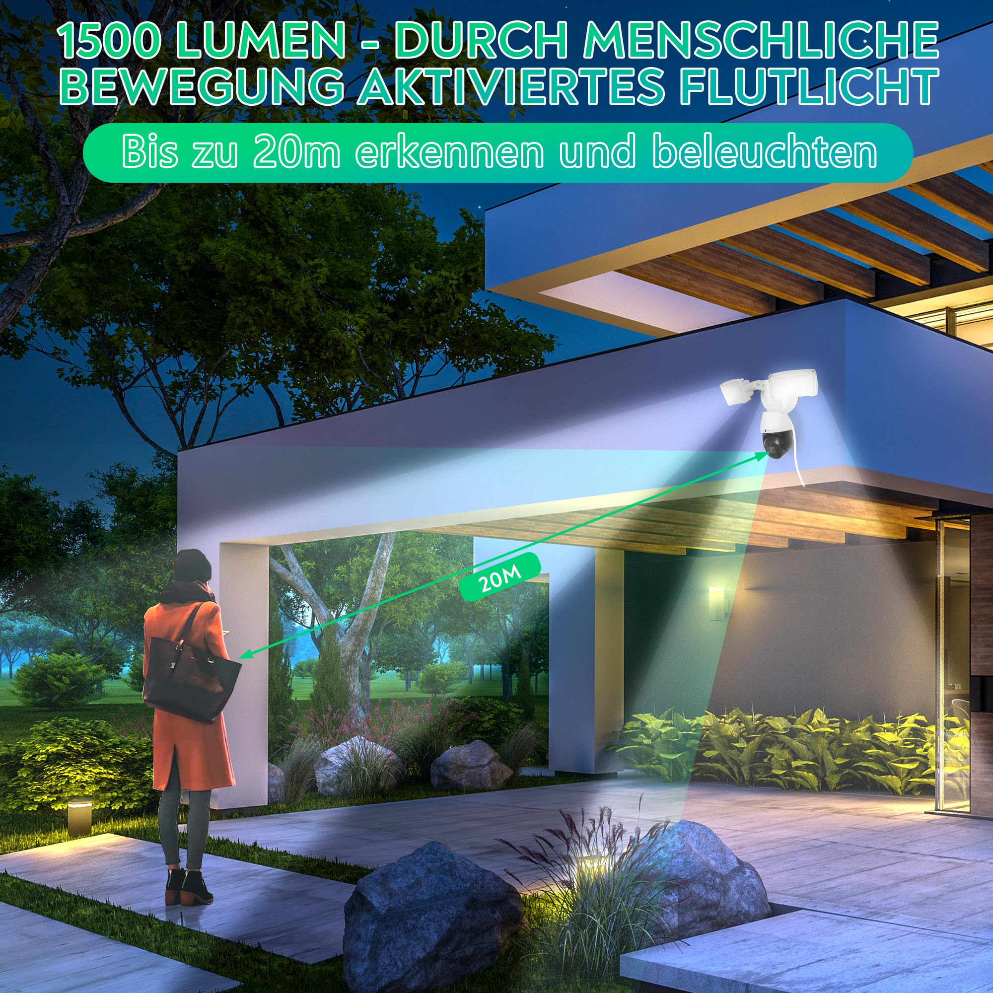 WLAN Überwachungskamera | Sicherheitskamera mit Nachtsicht | Lampe Flutlicht | Kamera Außen Beleuchtung | mit AI Bewegungsverfolgung & App-Steuerung | Smart Home Sprechanlage (mit Netzteil)
