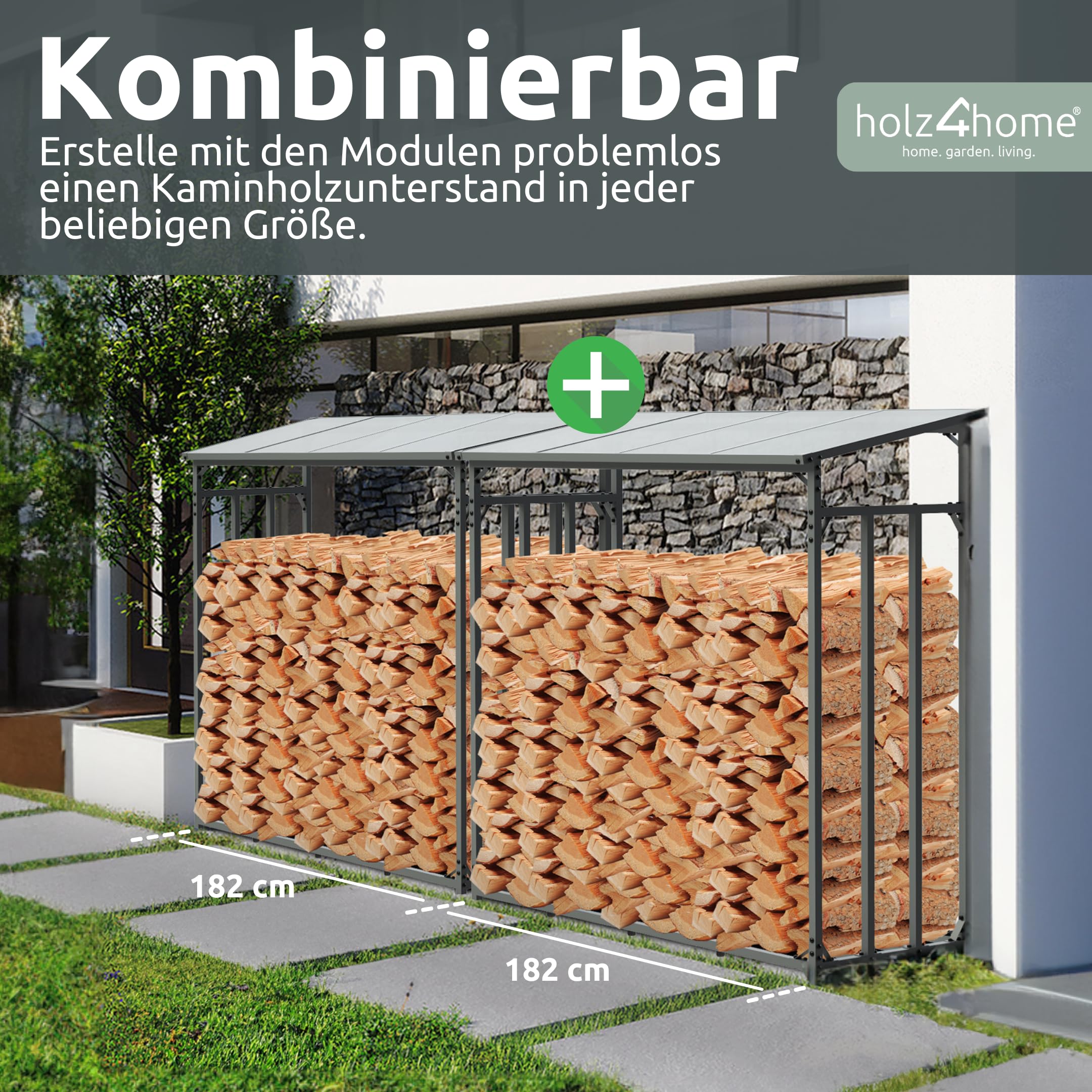 holz4home® Kaminholzregal XL Außen Holzlager I Größe: 182x70x185 cm I Brennholzregal inkl. Ofenhandschuh I Holzunterstand Überdachung mit Stapelhilfe für Brennholz I Holzregal Outdoor