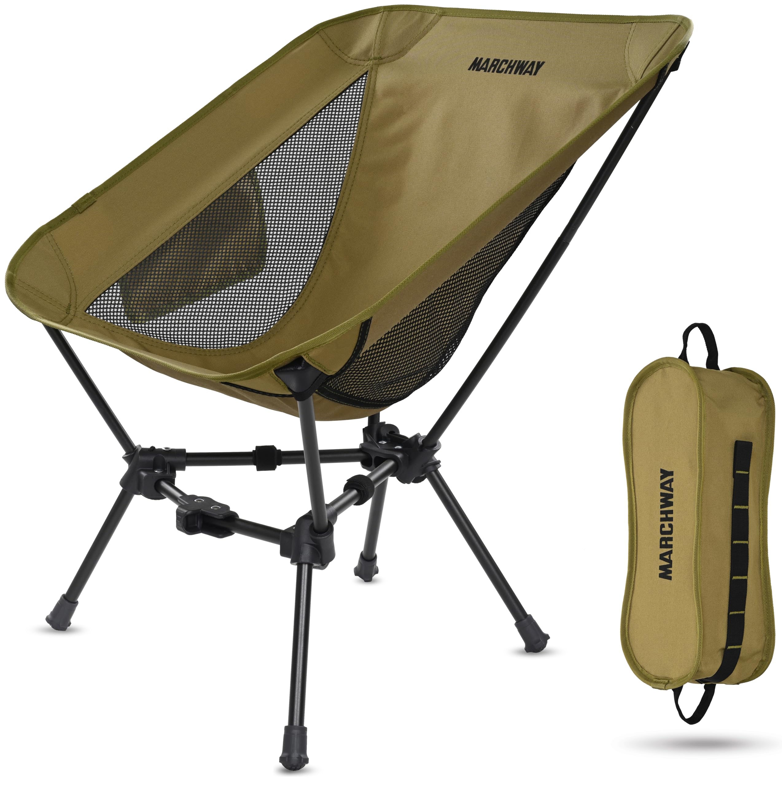 MARCHWAY Silla de camping plegable ligera, estable y portátil compacta para campamento al aire libre, viajes, playa, picnic, festival, senderismo, mochilero, soporta 330 libras (caqui)