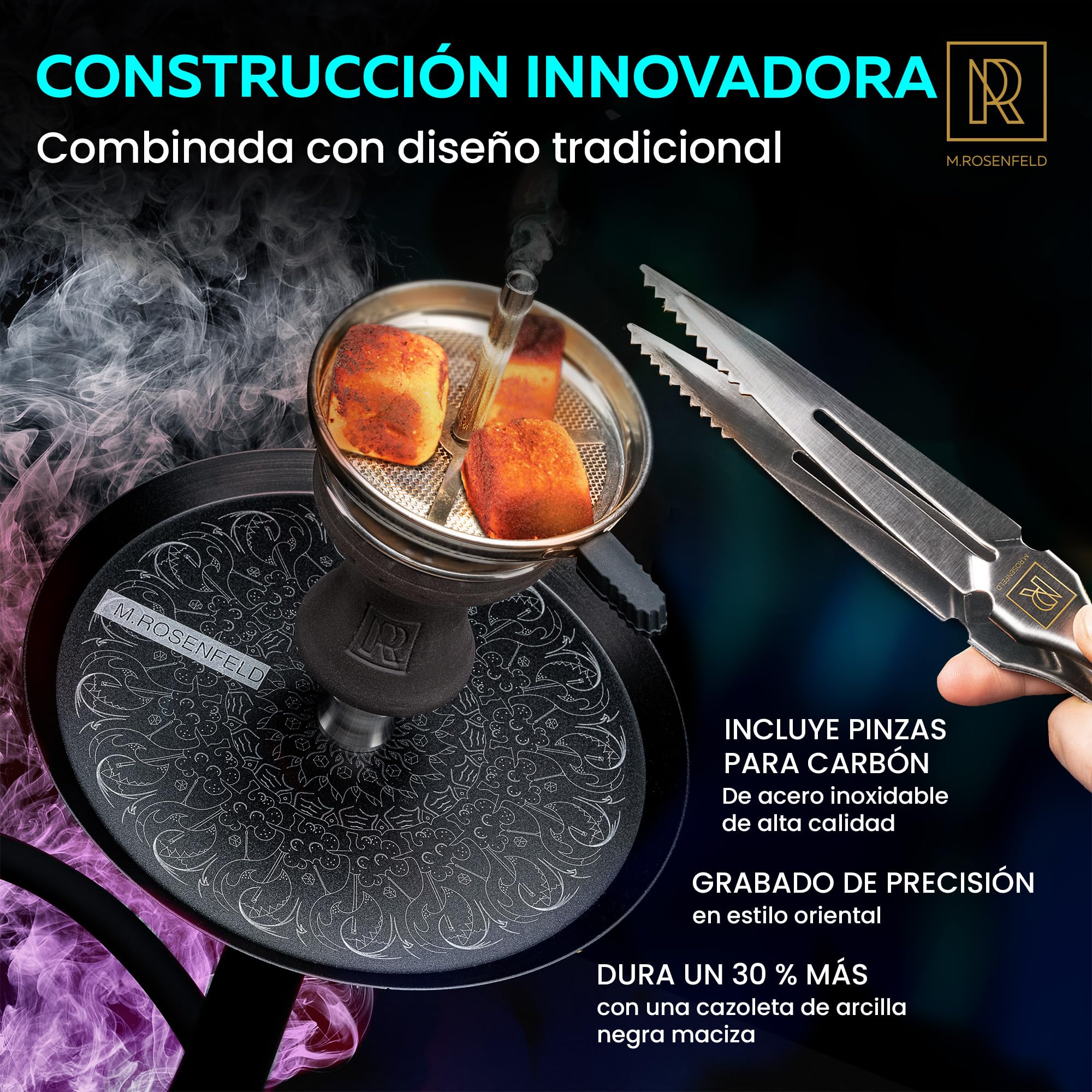 M. ROSENFELD Juego completo de shisha Protos - Juego de cachimba de 75 cm con cuenco enchufable, sistema de drenaje frío, cámara cerrada, tubo de inmersión de acero inoxidable, cabezal de chimenea