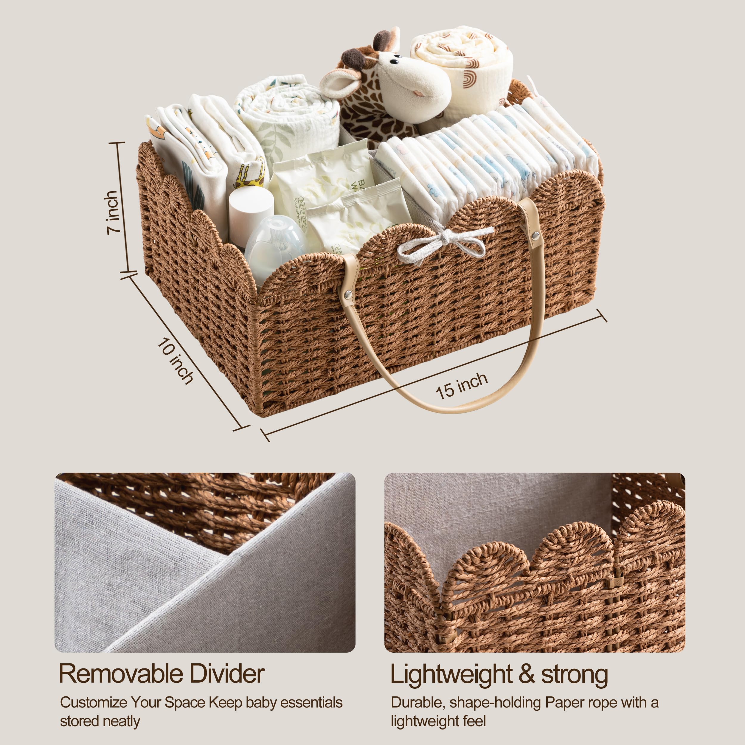 HBlife Grand panier à couches pour bébé, panier de rangement en corde de papier avec séparateur amovible, organiseur portable de voiture pour couches, cadeaux de fête prénatale, essentiels pour