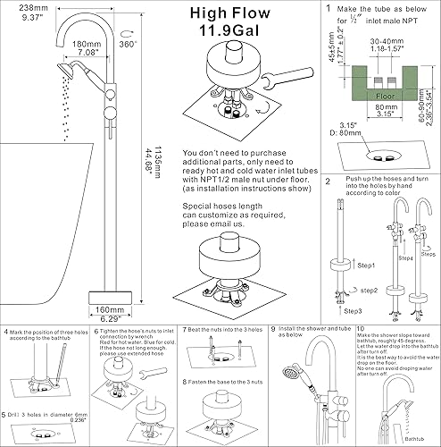 Miniatura 2 de Grifo de bañera montado en el piso, grifos de llenado de bañera independientes cromado alto caudal 11.9GPM con montaje de ducha manual LLGG