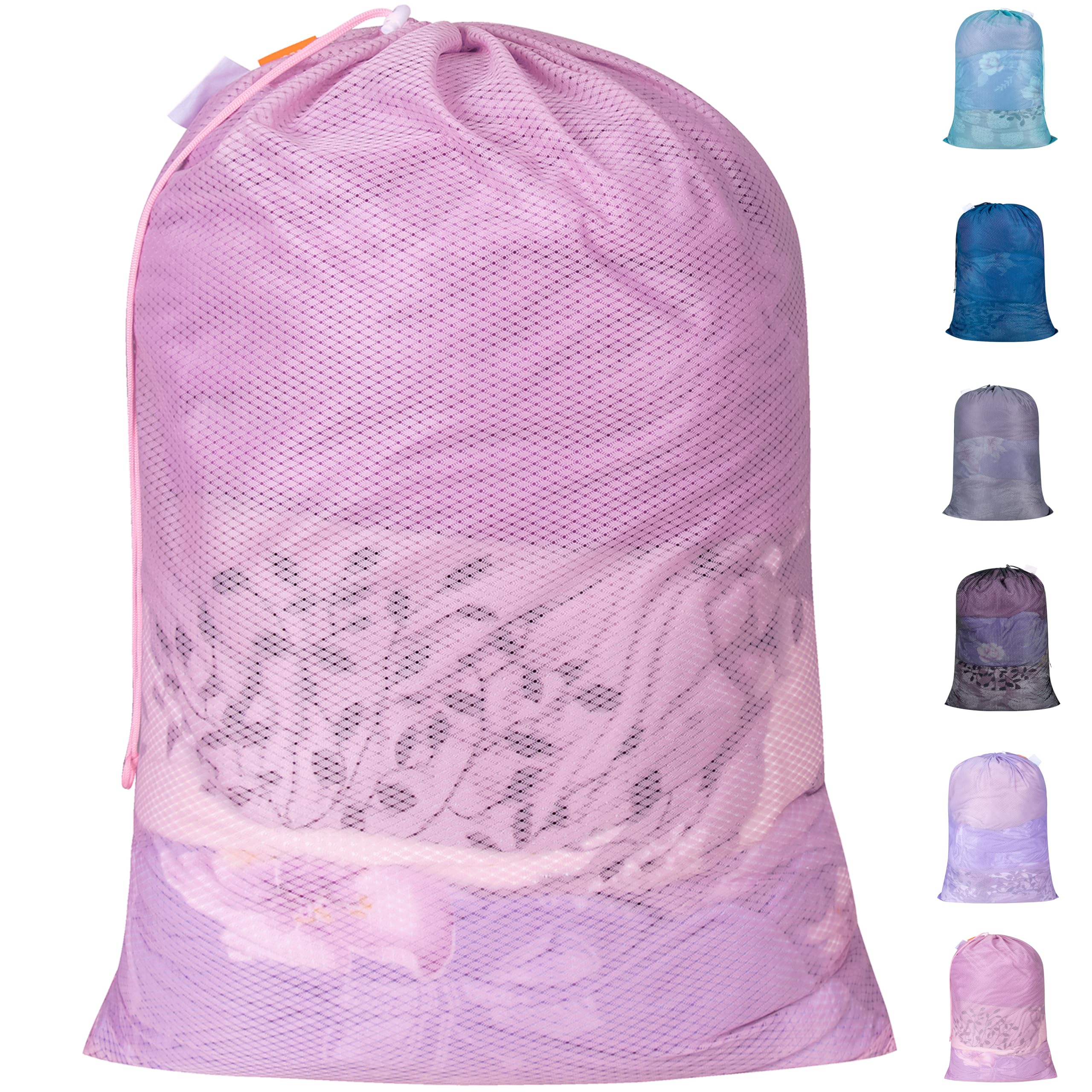 Polecasa Heavy Duty Large Mesh Laundry Bag with ID Tag and Locking Drawstring Closure - 24 x 36 inches - Laundry Hamper Liner, Washable Laundry Bags for Travel, Sports, Dorms ( Pink )