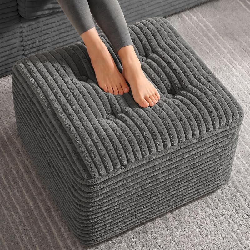 23.6in Pouf Ottoman, Corduroy Footstool Foot Rest Floor Seating | Dual-layer support with soft chunk-foam top & firm base. Ideal floor footrest & extra seating for living room, Dark Gray