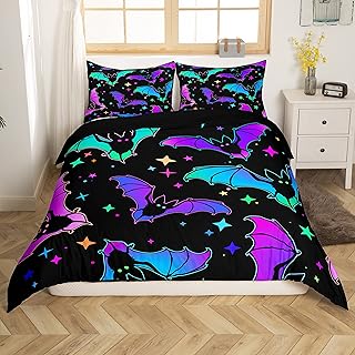 Erosebridal Halloween Bat Bedding Set Full Size Glitter Stars Galaxy Comforter Cover for Kids Child, Cute Cartoon Animal Duvet Cover Halloween Decorations Teal Blue Green Purple