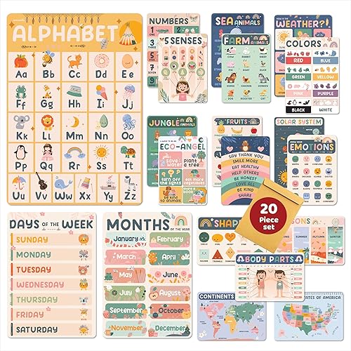 Jack in the Box - 20 pósteres educativos bohemios de prekínder  12 x 17 pulgadas laminados, decoración de escuela en casa y aula para niños pequeños