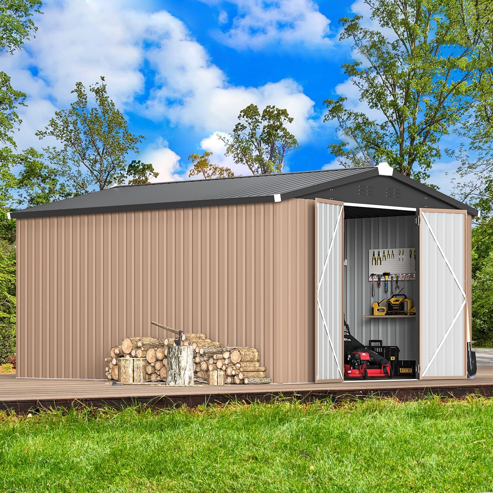 U-MAX 10x14 Outdoor Storage Shed, Large Metal Outside Storage Garden Sheds & Outdoor Storage Shed Clearance, Tool Shed Lockable for Backyard, Patio and Outside Use in Gray