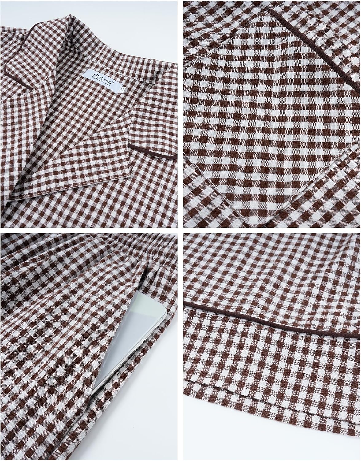 Flygo Mens Plaid Pajamas Set Cotton Gingham Short Sleeve Button Down Sleepwear Soft Pj Pants 2 Piece Loungewear with Pockets