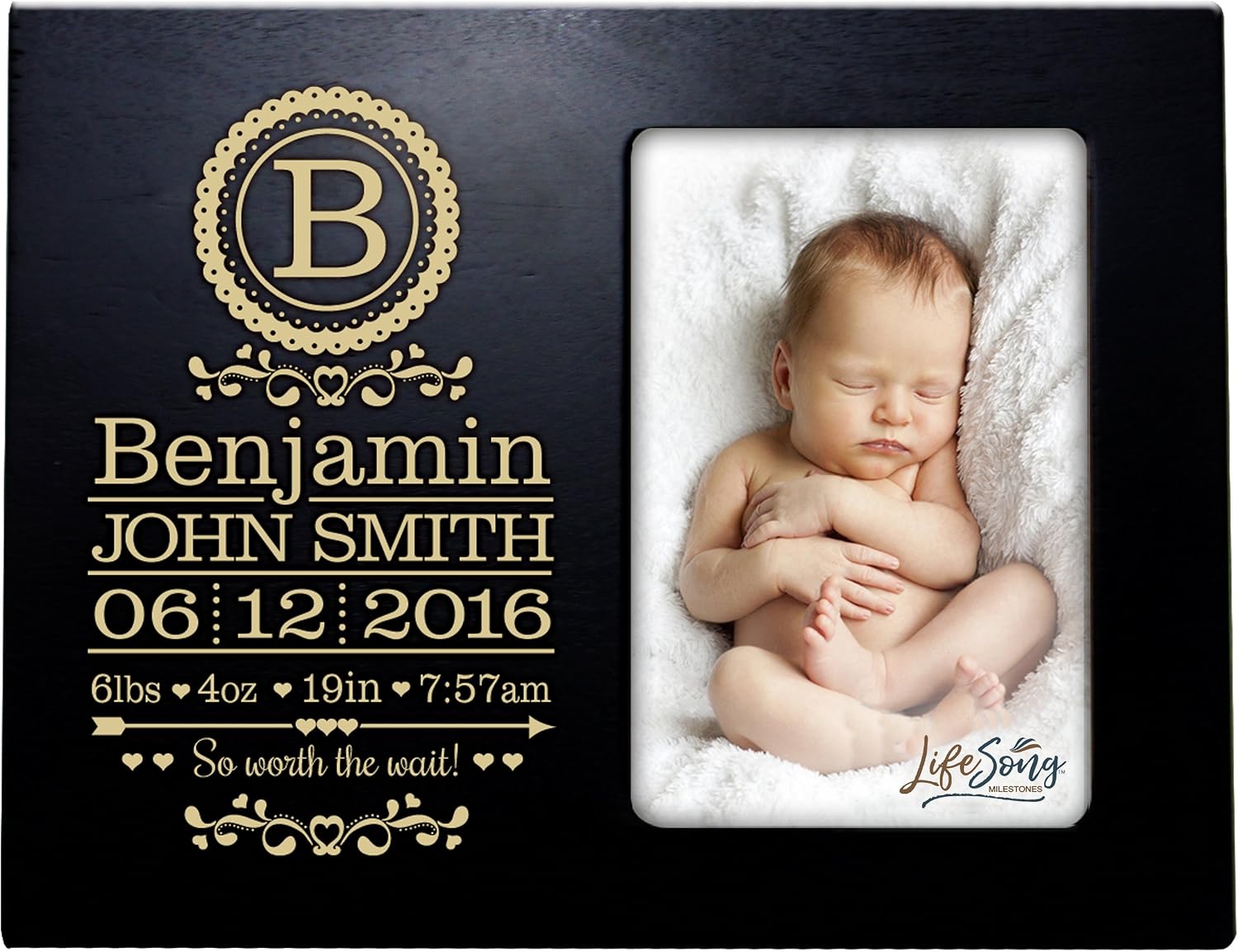 LifeSong Milestones Personalized New Baby Birth Announcement Monogram Picture Frame for Newborn Boys and Girls Custom Engraved Photo Frame for New mom and dad Parents and Grandparents (Black)
