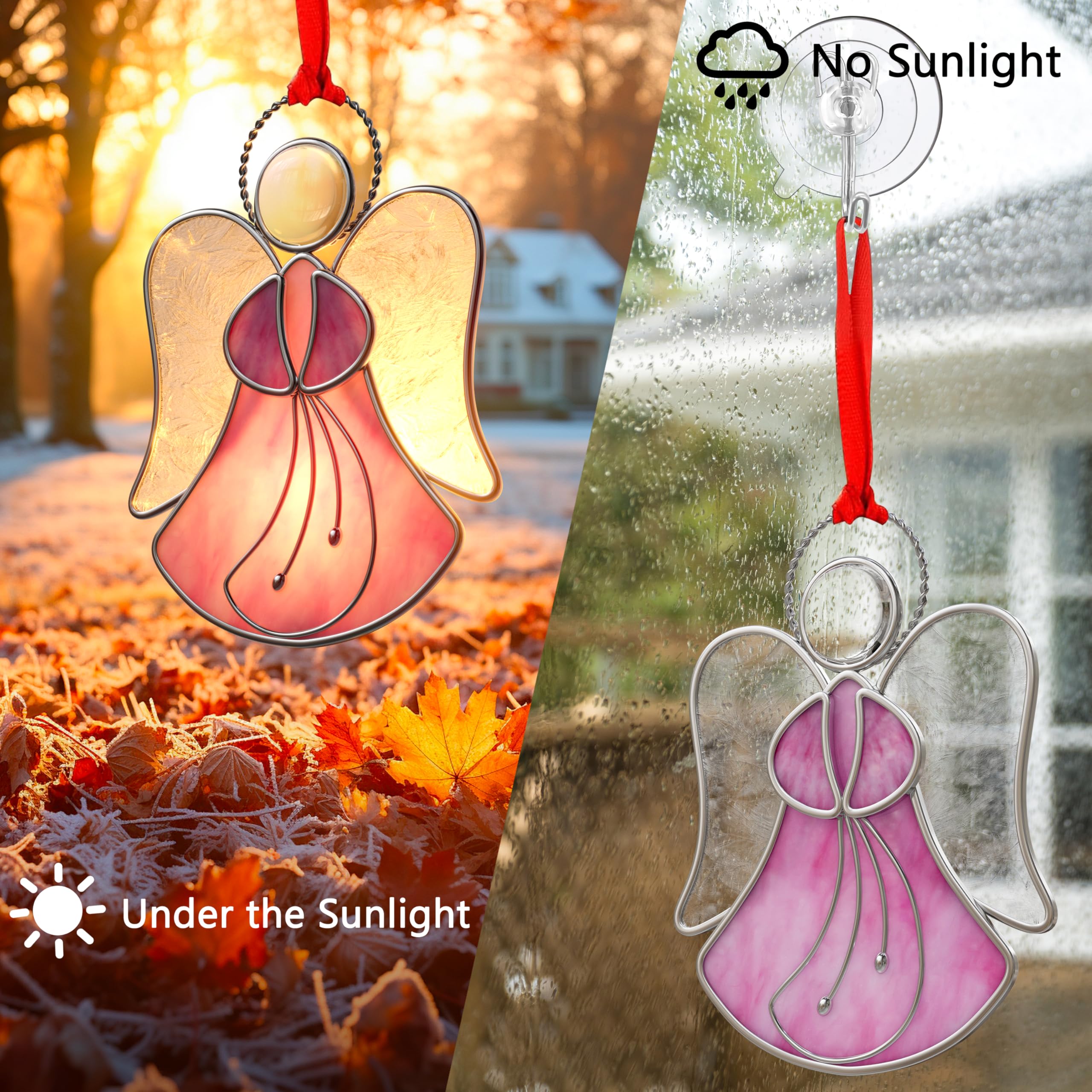 KUNDGLA Stained Glass Panels Pink Angel Suncatchers Panels hangings for Windows oranment Mom Gifts- Gifts for Mom Mothers Day or Garden Windows Christmas Tree Decoration Holiday Decor - Image 3