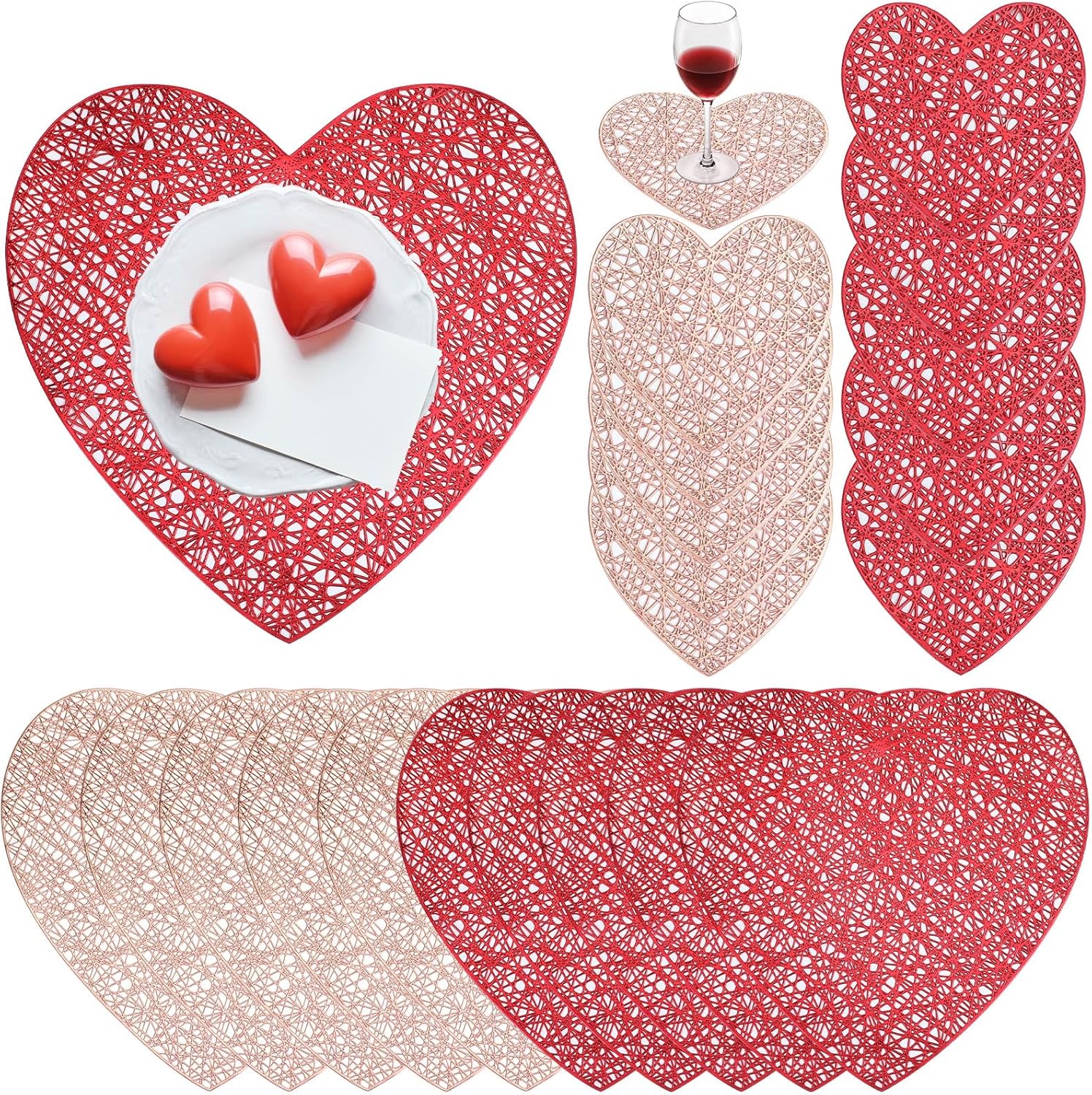 Layhit 20 Pcs Valentine's Day Heart Placemats and Coasters Set Include 10 Love Placemats 10 Heart Coasters Vinyl Washable Valentines Table Decorations for Wedding Anniversary Party (Red, Gold)