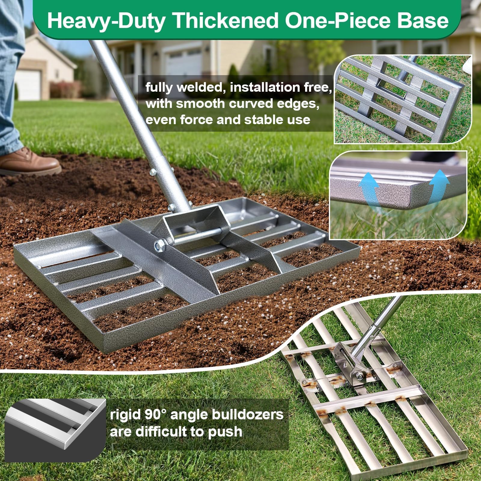 Rastrillo nivelador de césped, herramienta niveladora de césped resistente con un mango extralargo de acero duradero, rastrillos ideales para césped, patio trasero, jardines, campos de golf, granjas y