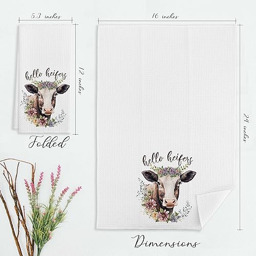 Miniatura 5 de EIONEY Hello Heifers - Toallas de cocina y té con estampado floral de piel de vaca y acuarela, toalla de mano para decoración de cocina de granja,