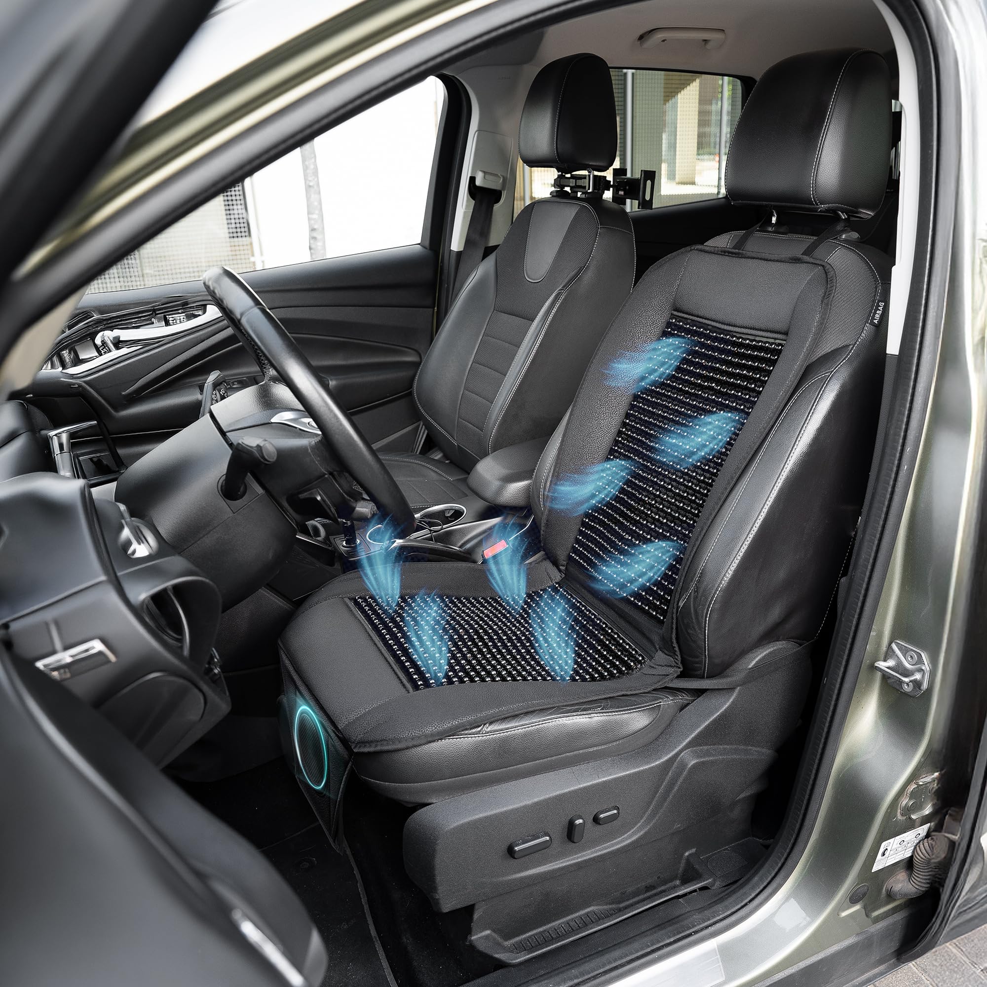 Funda de asiento de coche con cuentas de refrigeración y masaje, funda de asiento con cuentas de madera negra con almohadilla de refrigeración de asiento de coche de 12 V, temperatura ajustable