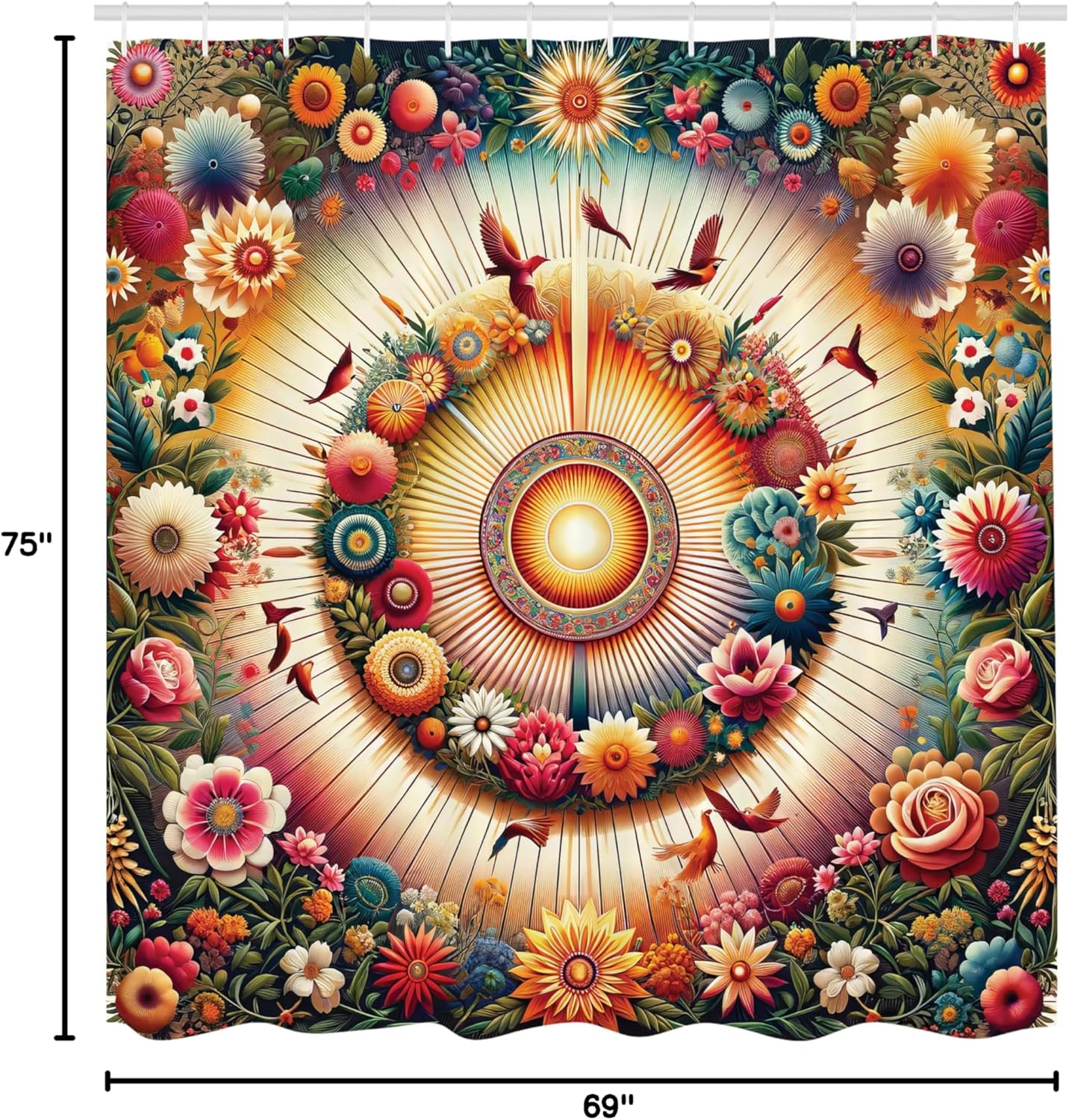 Ambesonne Floral Shower Curtain, Botanical Colorful Circle with Flying Birds Abstract Flowers Spring Art, Cloth Fabric Bathroom Decor Set with Hooks, 69" W x 75" L, Orange Evergreen Pink